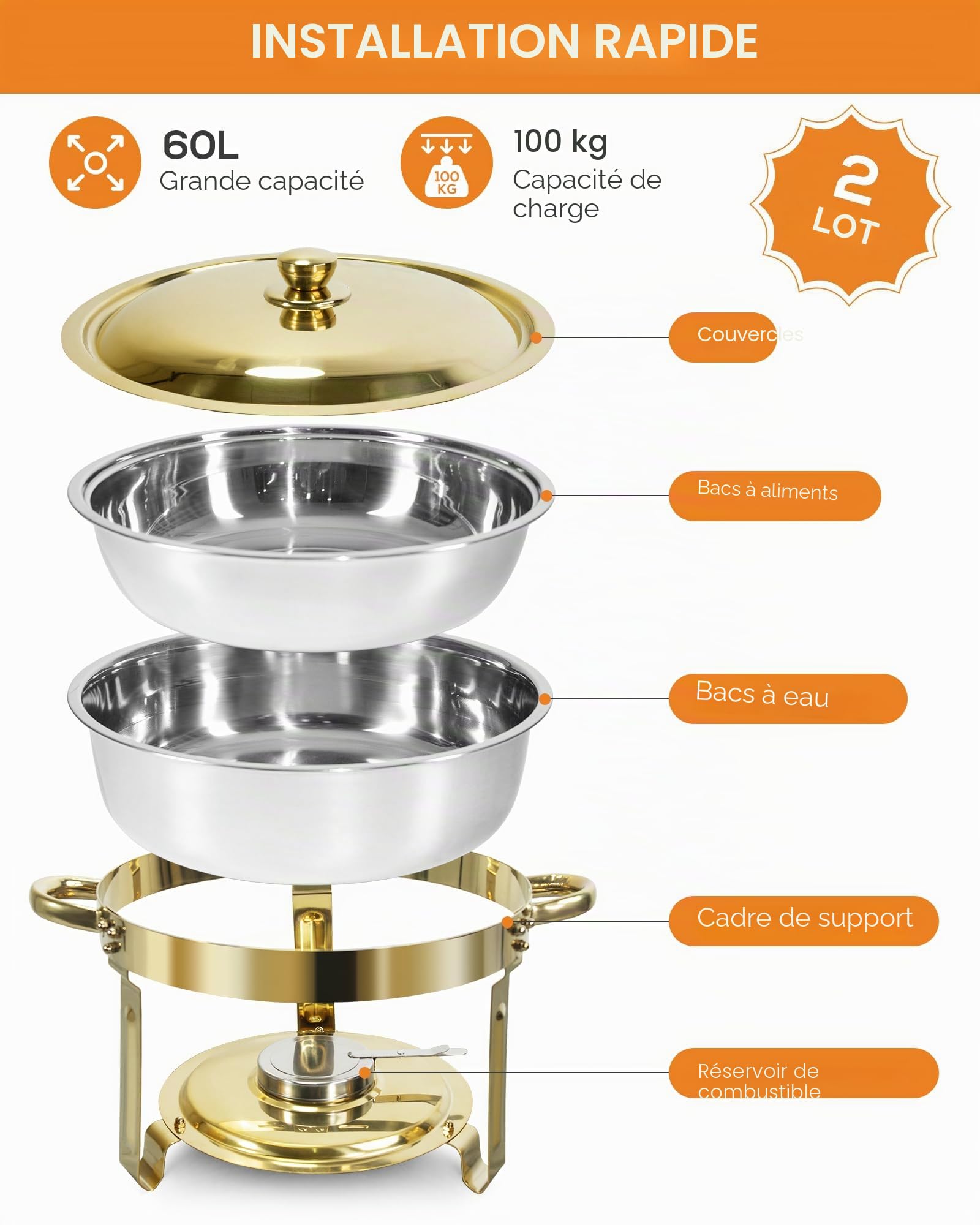 Dorés Chafing Dish Buffet 5L[Solide et Durable, Haute qualité],2PCS Ronds Chafing Dish en Acier Inoxydable,Buffets Chauffants [élégant Or et Argent] pour Restaurants,Traiteurs,Fêtes,Mariages
