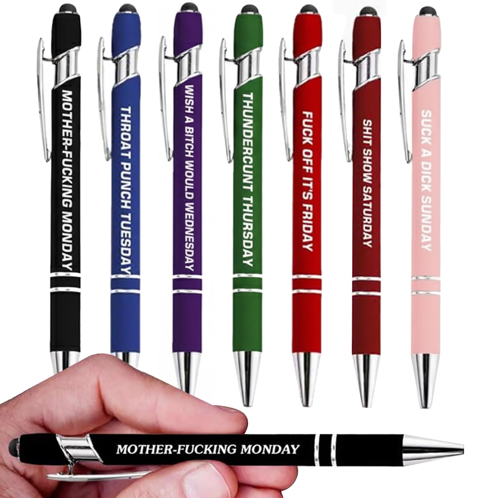 7 Pcs Funny Stress-Relief Daily Quotes Metal Ballpoint Pen Set, Days of The Week Daily Sarcastic Pens Gift for Coworker, Work Pens for Adults, Black Ink Medium Point 1.0 mm Smooth Writing (Rainbow)