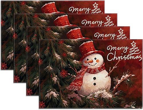 Juego de 4 manteles individuales de Navidad, gráficos clásicos de muñeco de nieve y árbol de Navidad, manteles de mesa, decoraciones de Navidad de