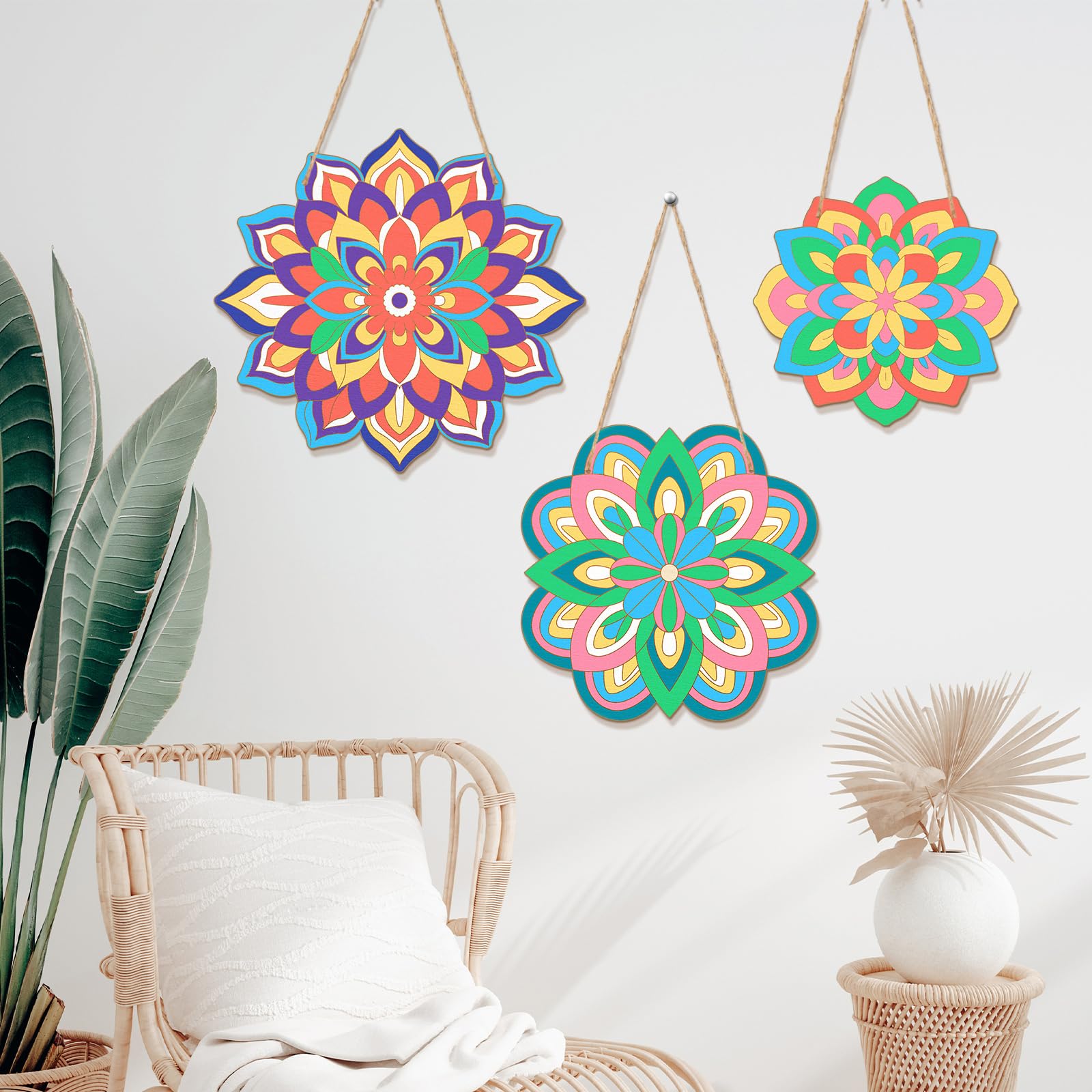 Gerrii 3 Pieces Wooden Mandala Painting Kit Mandala Wall Decor Hanging Wood to Color Art Set with 12 Markers Diwali Craft for Living Room Bedroom Office Kitchen Wall Decoration, 3 Sizes