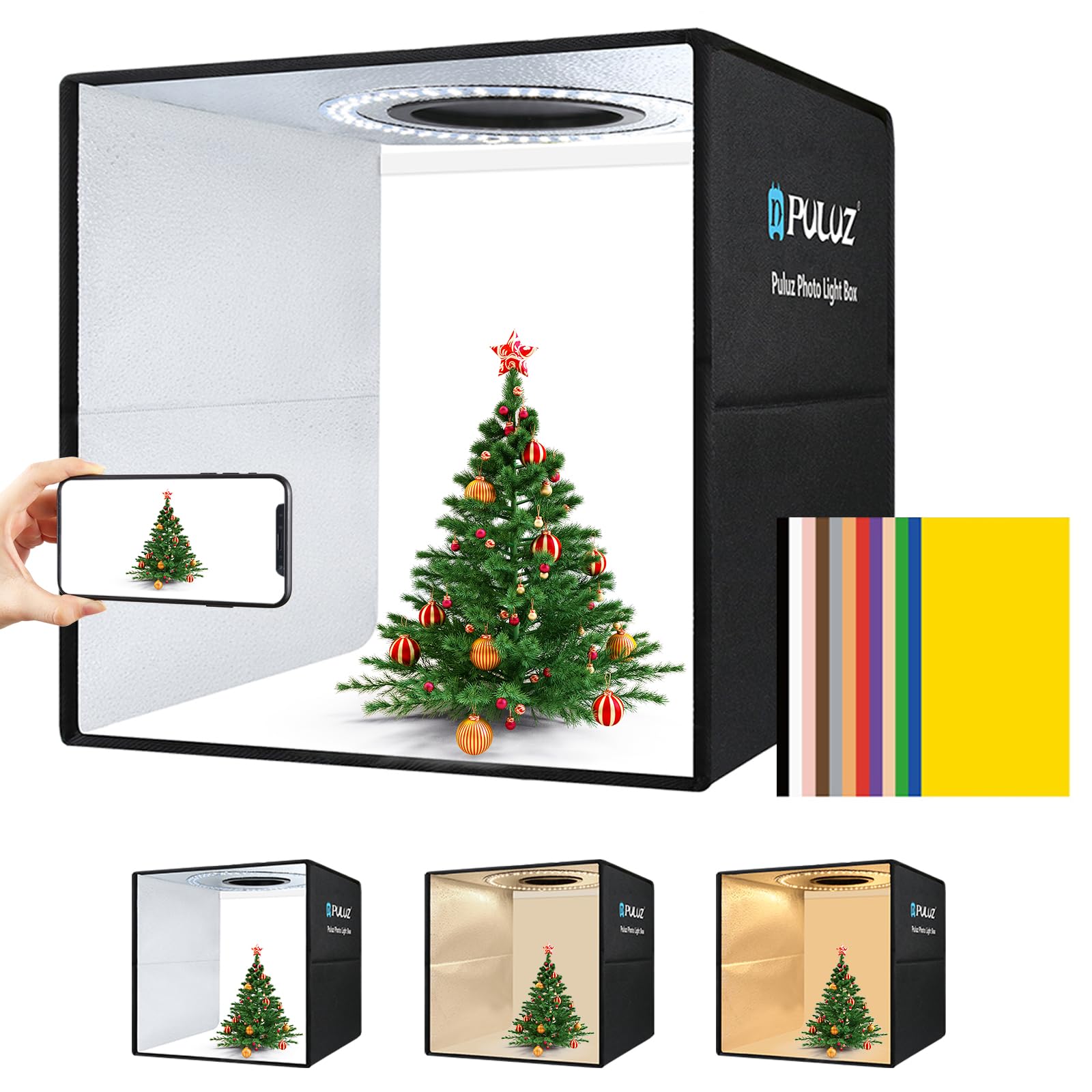 PULUZ Caja luz Fotografia 40CM 3 Modelos de Luz Portátil Plegable para Fotografía Comercial Venta de Productos Online con 6 Fondos de Color de Doble Cara + Panel de Luz Anular