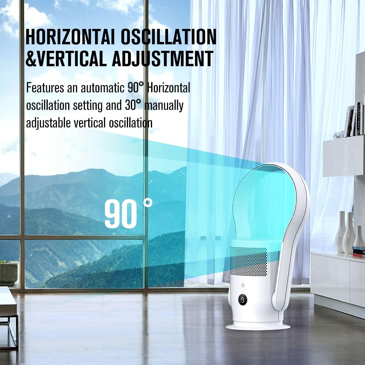 ULTTY Bladeless Tower Fan and Air Purifier, 90° Oscillating Tower Fan with HEPA Filter, Remote Control, Touch, 8H Timer, 9 Speeds, Powerful Floor Fan for Bedroom Room Home Office, White