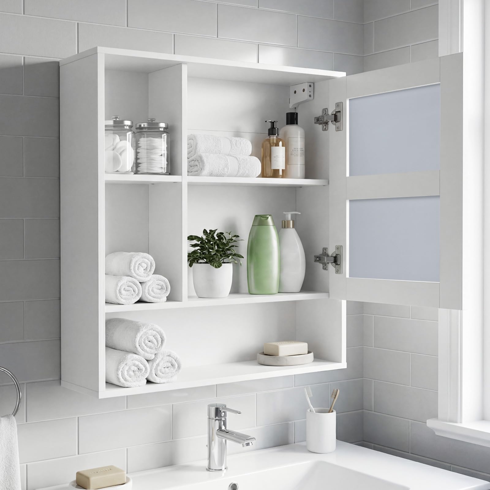 COSTWAY Mobile Bagno con Specchio, Specchio Bagno Contenitore con Porta Singola e 3 Ripiani Aperti, Mobiletto Salvaspazio in Legno per Lavanderia e Ingresso, 56 x 16 x 61 cm (Bianco)