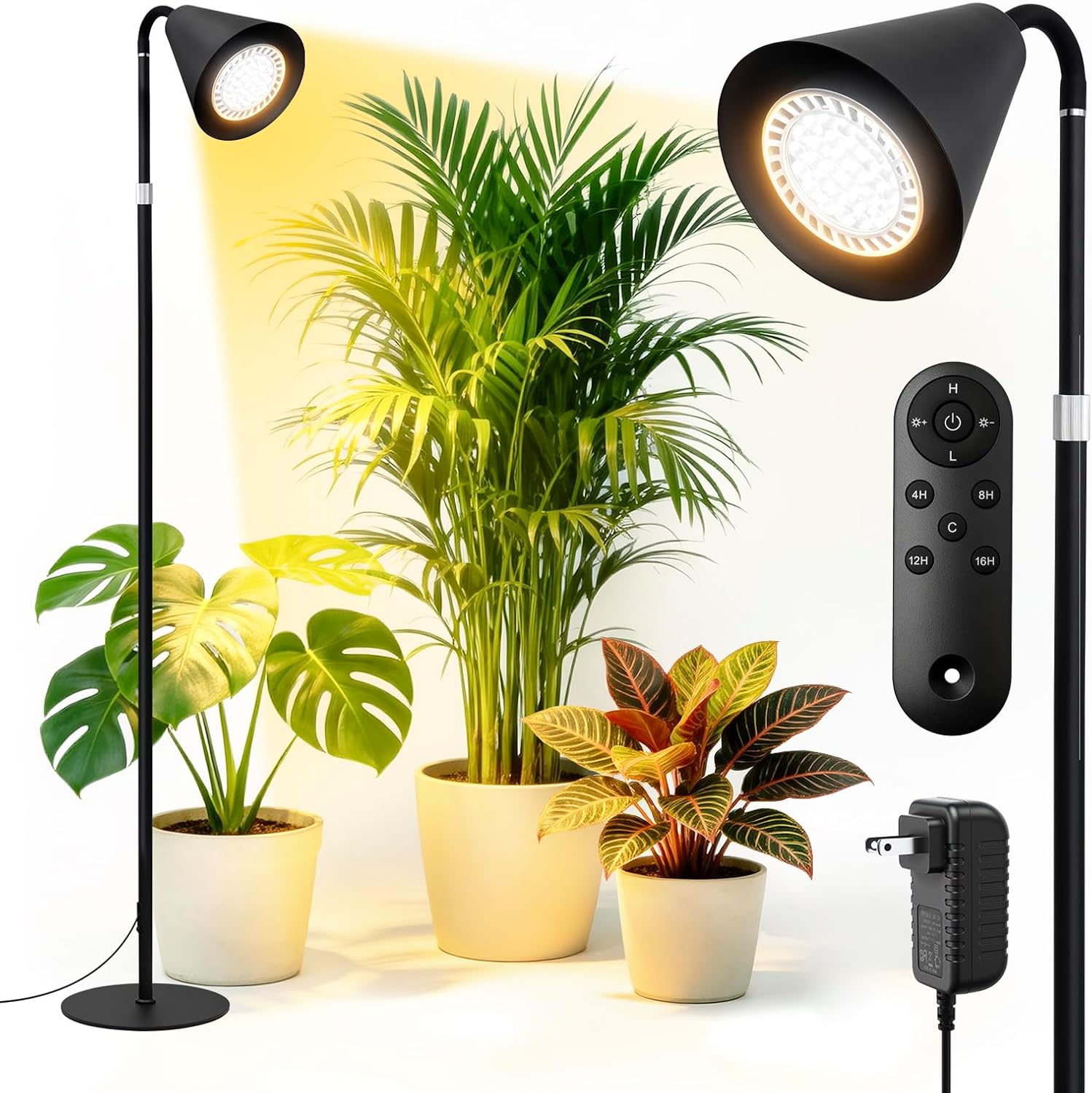 Grow Lights for Indoor Plants, 20W Full Spectrum Growing, 63in Adjustable Height Stand, 4/8/12/16H Auto Cycle Timer, 10 Levels Dimmable Remote Control Standing Grow Floor Lamp for Small to Tall Plant