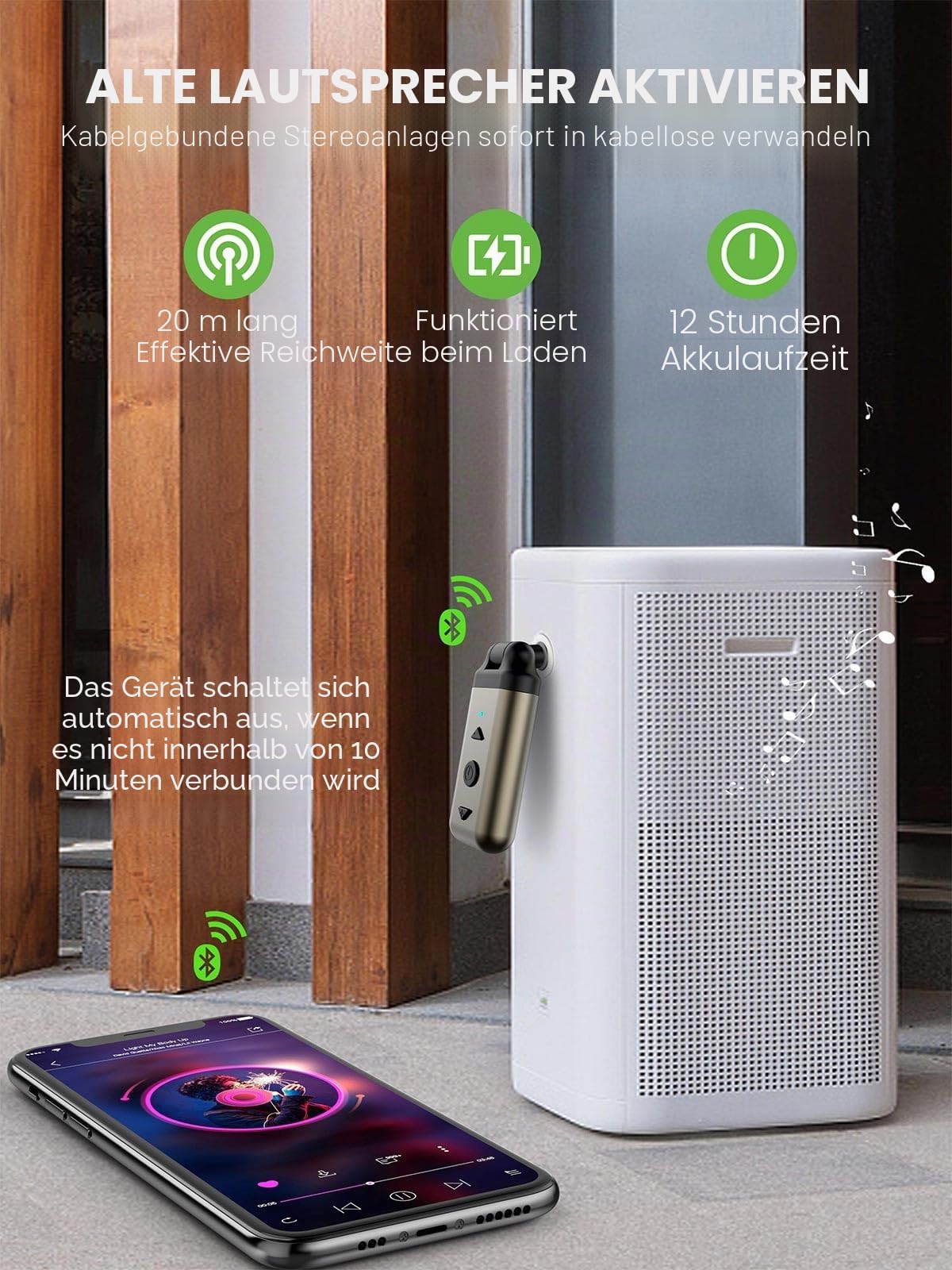 HVMLAK Air88 Aux Bluetooth 5.4 Adapter Auto, Empfänger mit Rotierbarem 3.5 Klinke, für Home Stereo, Musik Streaming, Freisprechanruf, Lautstärke und Spursteuerung, 12 Stunden Batterie