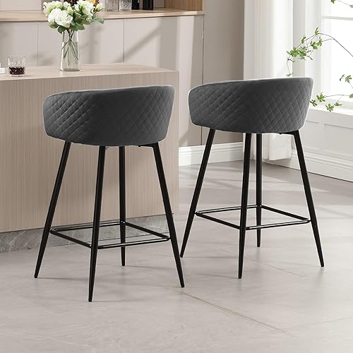 Miniatura 7 de Bekrvio Juego de 2 taburetes de bar de altura de mostrador, sillas de bar modernas de 26 pulgadas con respaldo bajo y brazos, taburetes de bar