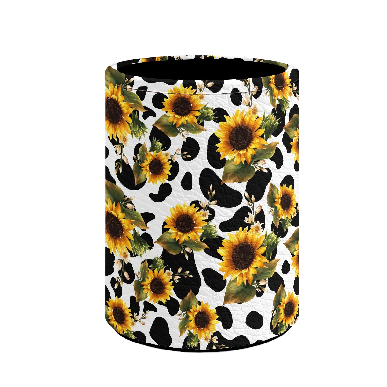 BIGCARJOB Women Ladies Girls Cute Make Up Brush Holder,Sunflower with Cow Printed Pencil Holders for Deck,PU Leather Stationery Pen Cup Pot,School Pen Storage Box with Sunflower Pattern — image 1