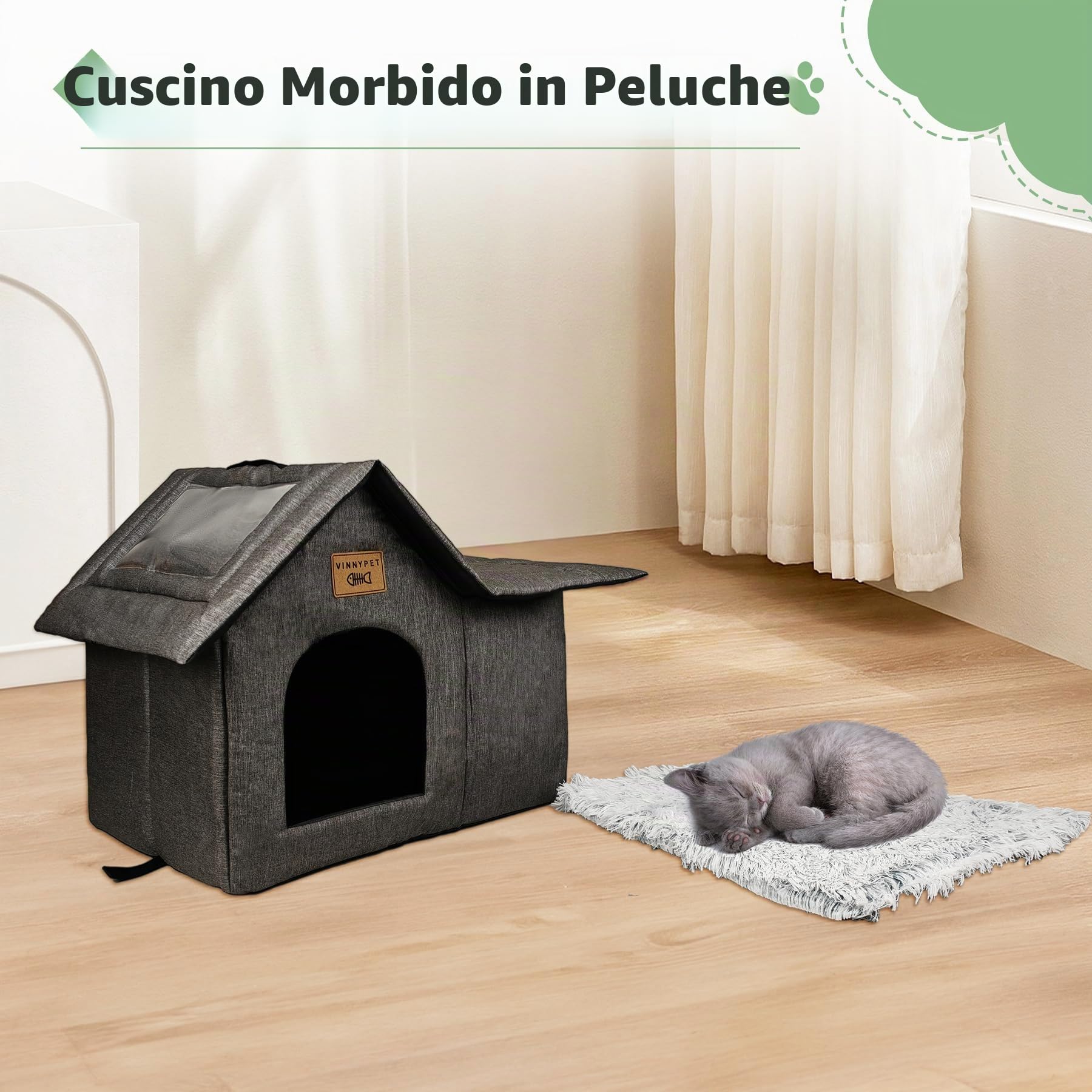 Casetta per Gatti per Esterni Cuccia per Animali Domestici da Esterno Impermeabile Con Cuscino Peluche Pieghevole per Cani e Gatti Rifugio Invernale per Gatti Randagi 45x35x40cm