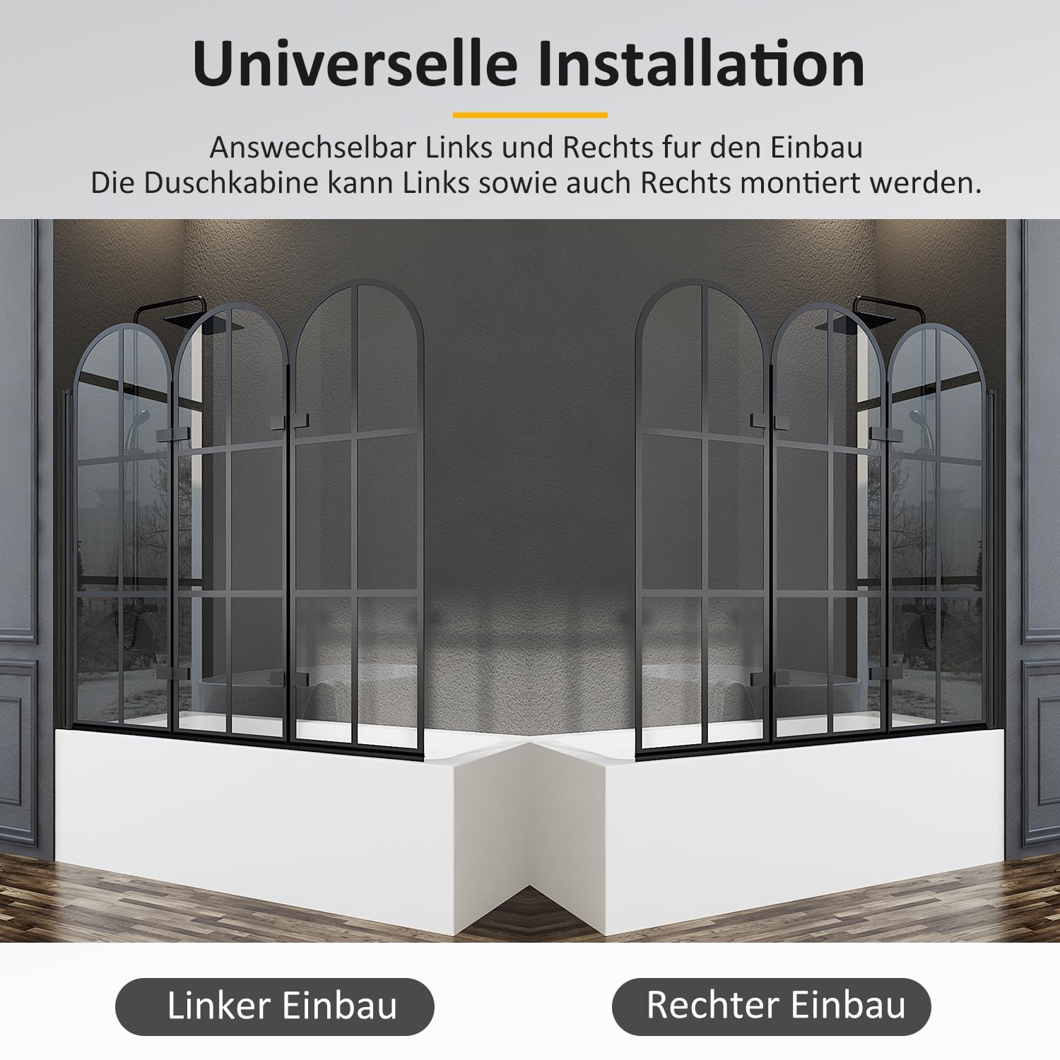 Goezes Duschwand für Badewanne 140x140cm 3-teilig Faltbar Badewannenaufsatz, Gewölbter Schwarz Duschtrennwand, Duschabtrennung aus 6mm ESG Sicherheitsglas