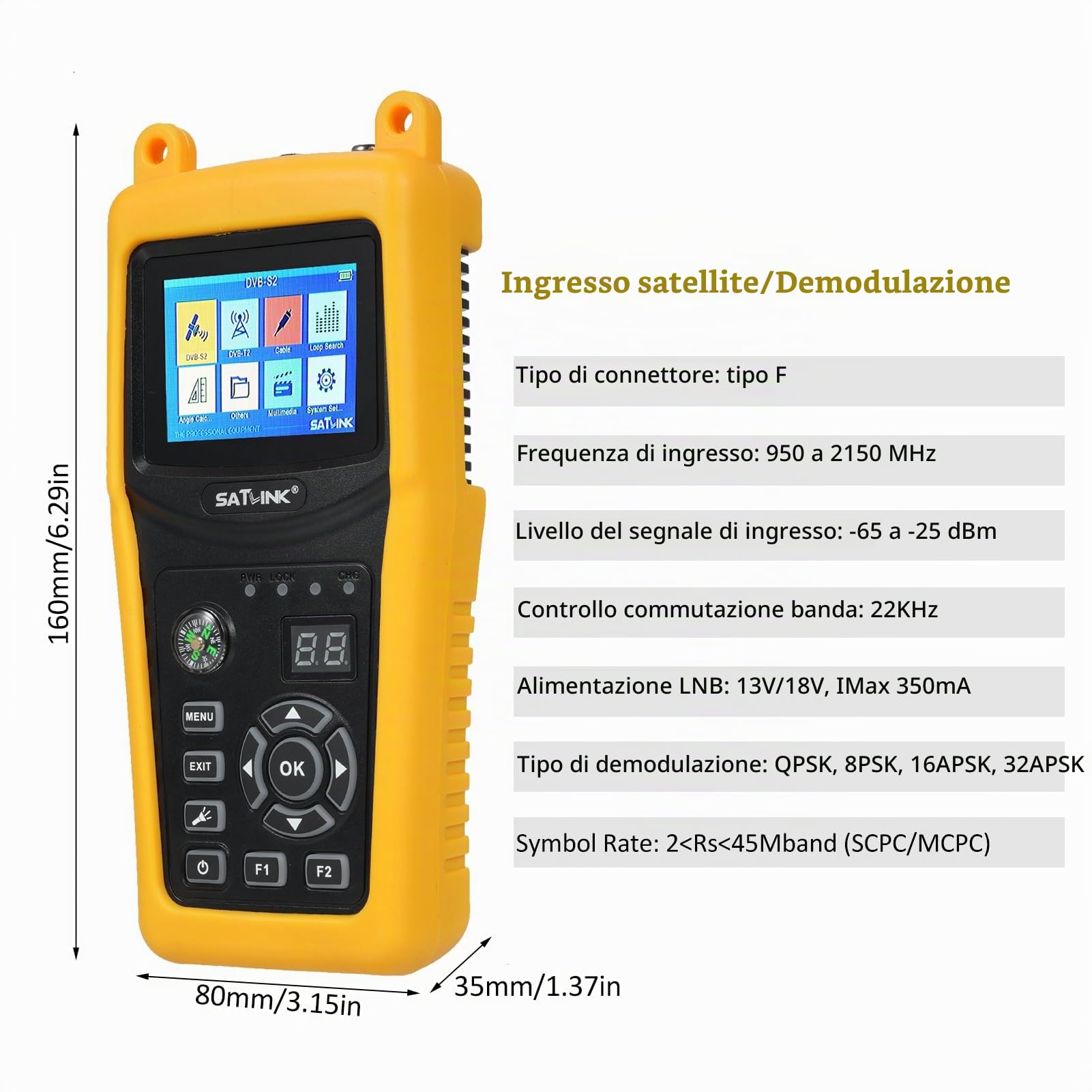 Satlink ST-5032 DVB-S2/S ISDB-T J83B Misuratore di segnale satellitare digitale da 950 a 2150 MHz Schermo LCD TFT da 2,4 pollici Misuratore di potenza del segnale con bussola Dispositivo