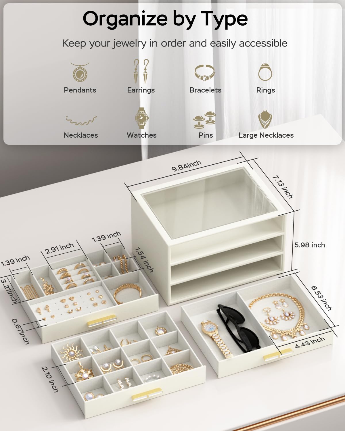 Joyero para mujer, organizador de joyas de 3 capas con tapa transparente, cajas de joyería grandes para collares, anillos, aretes, pulseras, regalo para niñas y madres, color blanco nube
