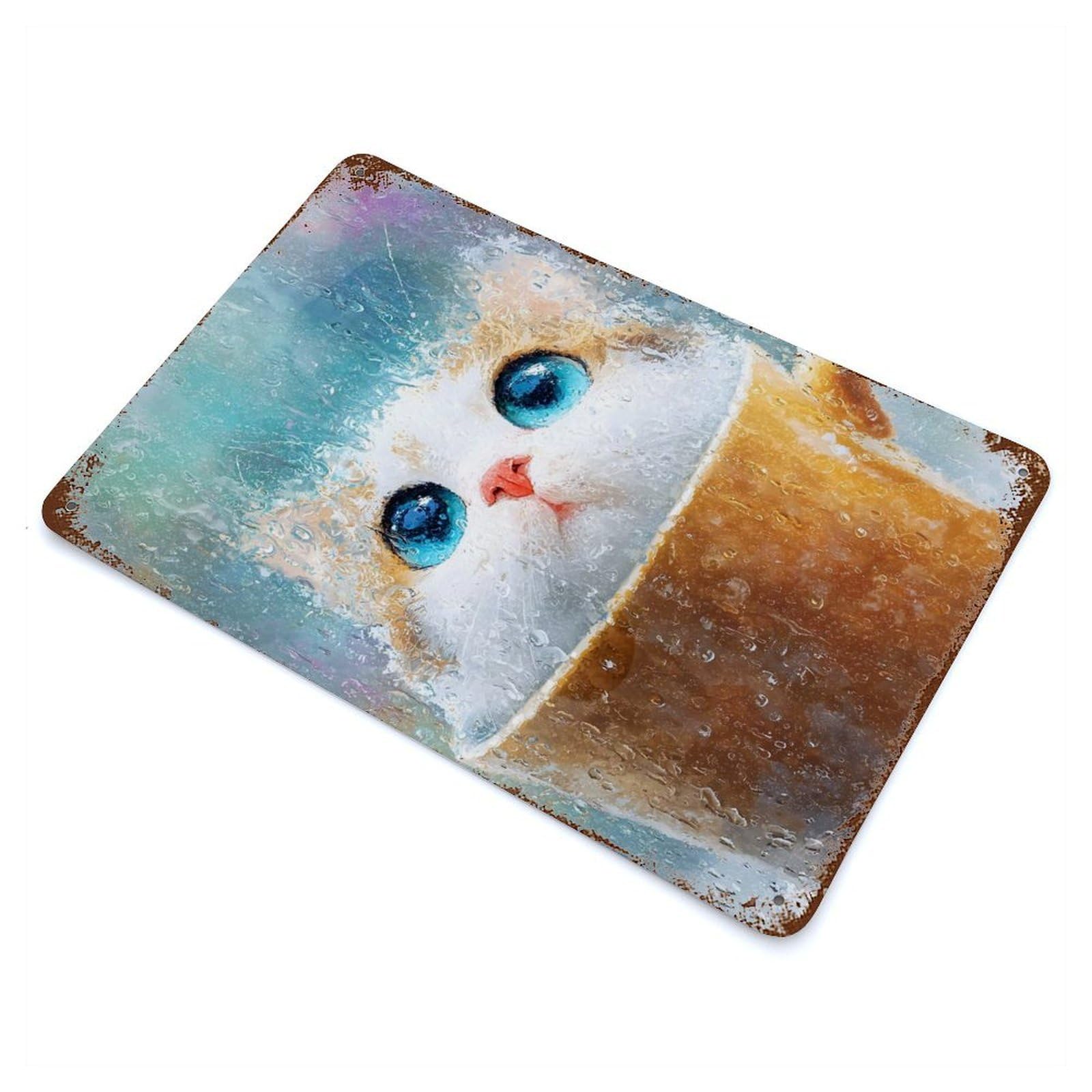 Cat in A Cup on Rainy Day Rustic Tin Plaque 11.8"x7.9", Ideal for Cafe, Home Bar And Lounge Decor