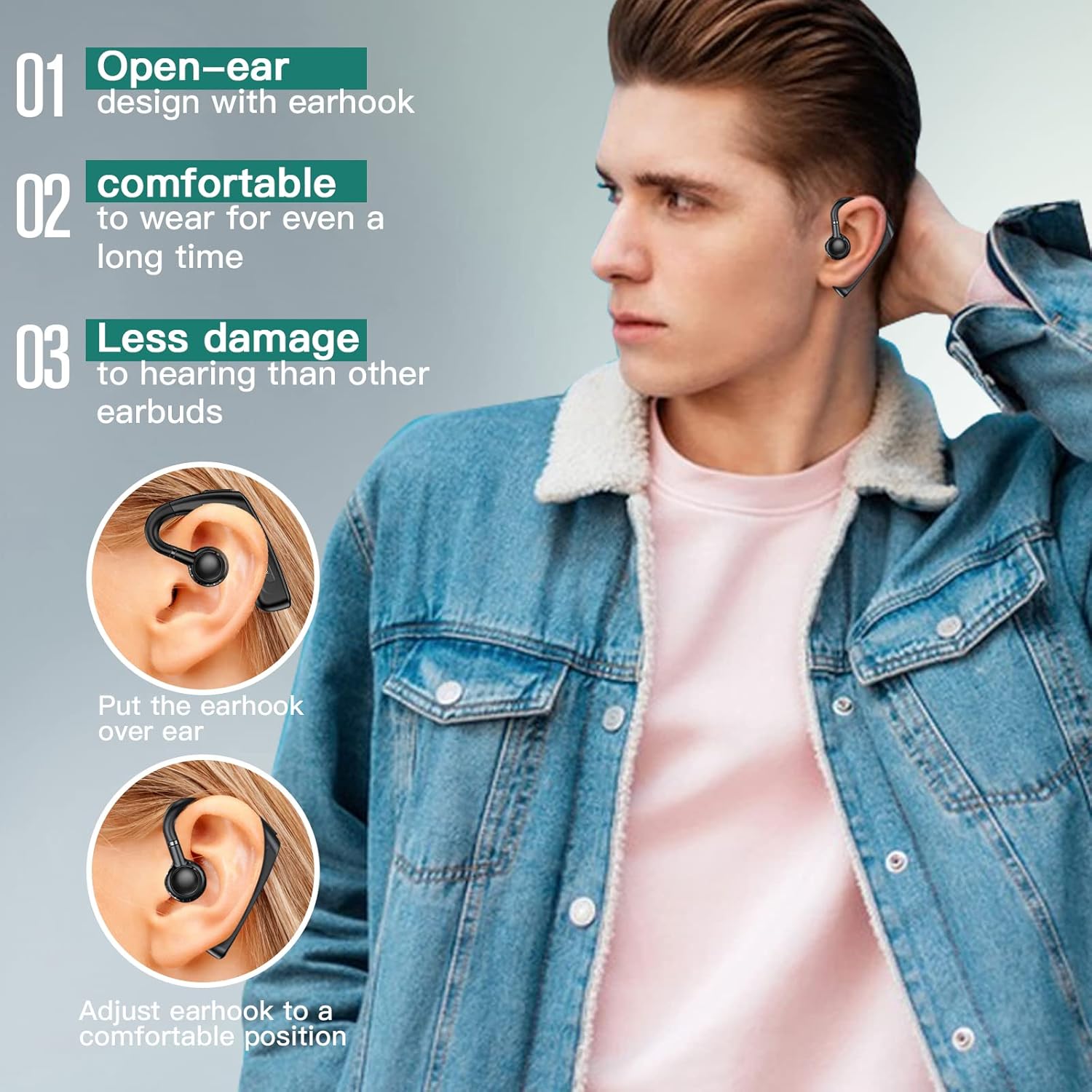 Open Ear Headphones Wireless Bluetooth Single Bone Conduction Wireless Earbuds with Earhooks Bone Conduction Headphones Bluetooth Head Set Earphones IPX5 Waterproof Long Battery Life Earpiece Black