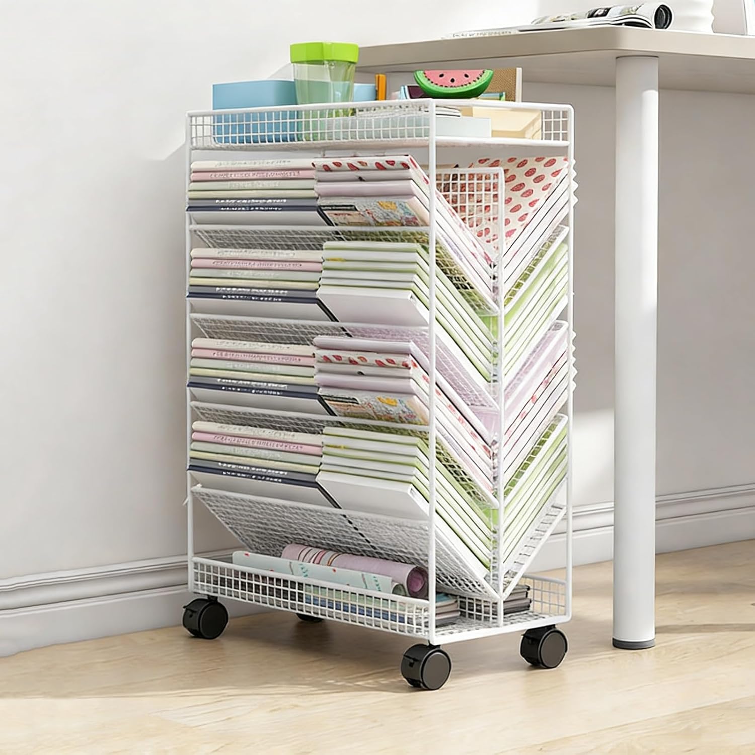 6 Tier Rolling Book Cart, Large Capacity Mobile Magazine Rack with Wheels, Space-Saving Double Sided V Shaped Metal Library Cart for Storing Books, Magazines, Newspapers(Black)