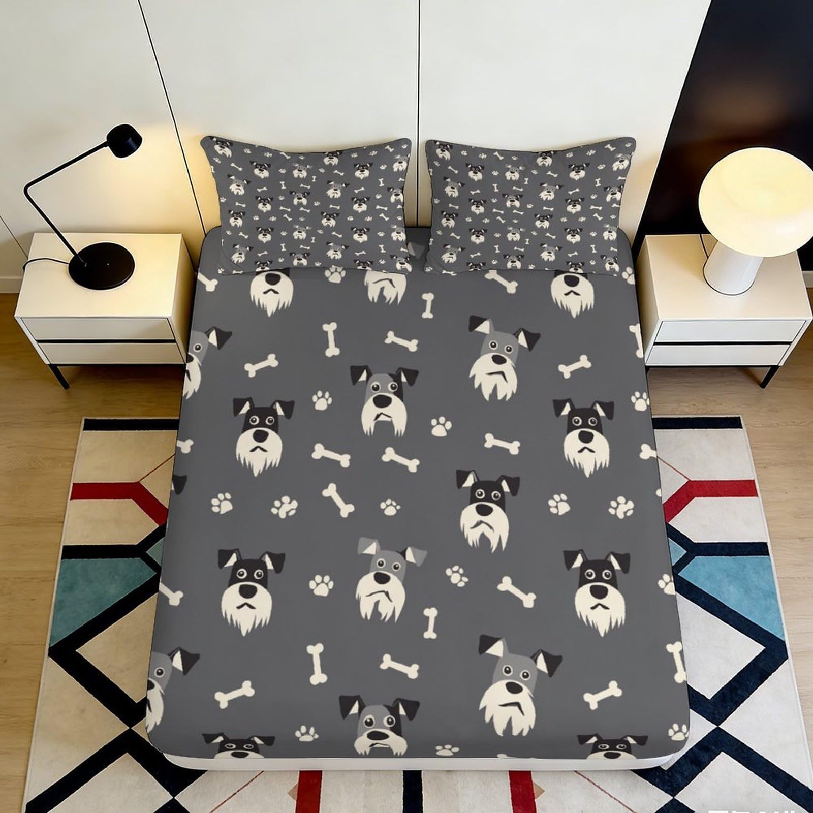 Pnayamiorkfel Style-3 3D Printed Cartoon Dog Pattern Fitted Sheet Microfiber Non-Slip Bedroom Decor Bone Paw Mattress Cover Grey 90X200x25cm