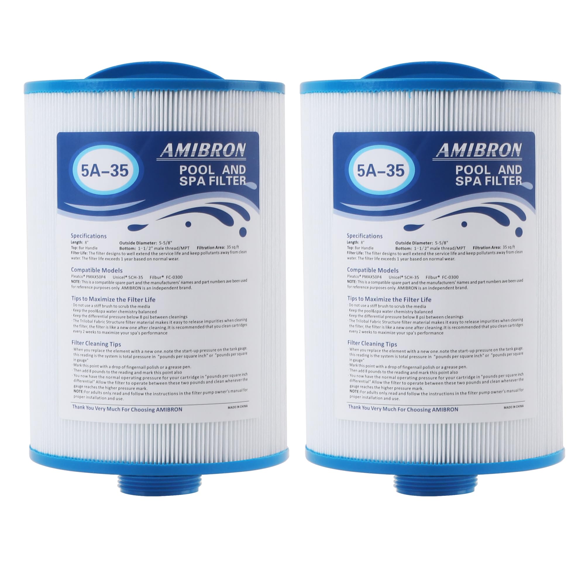 Photo 1 of AmiBron PMAX50 Spa Filter, Compatible with PMAX50P4, PAS35P, FC-0300, 5CH-35, SD-00779, Replacement for Maax Spas of Canada, 1-1/2" Male Fine Thread 35 sq.ft. Hot Tub Filter 2 Pack