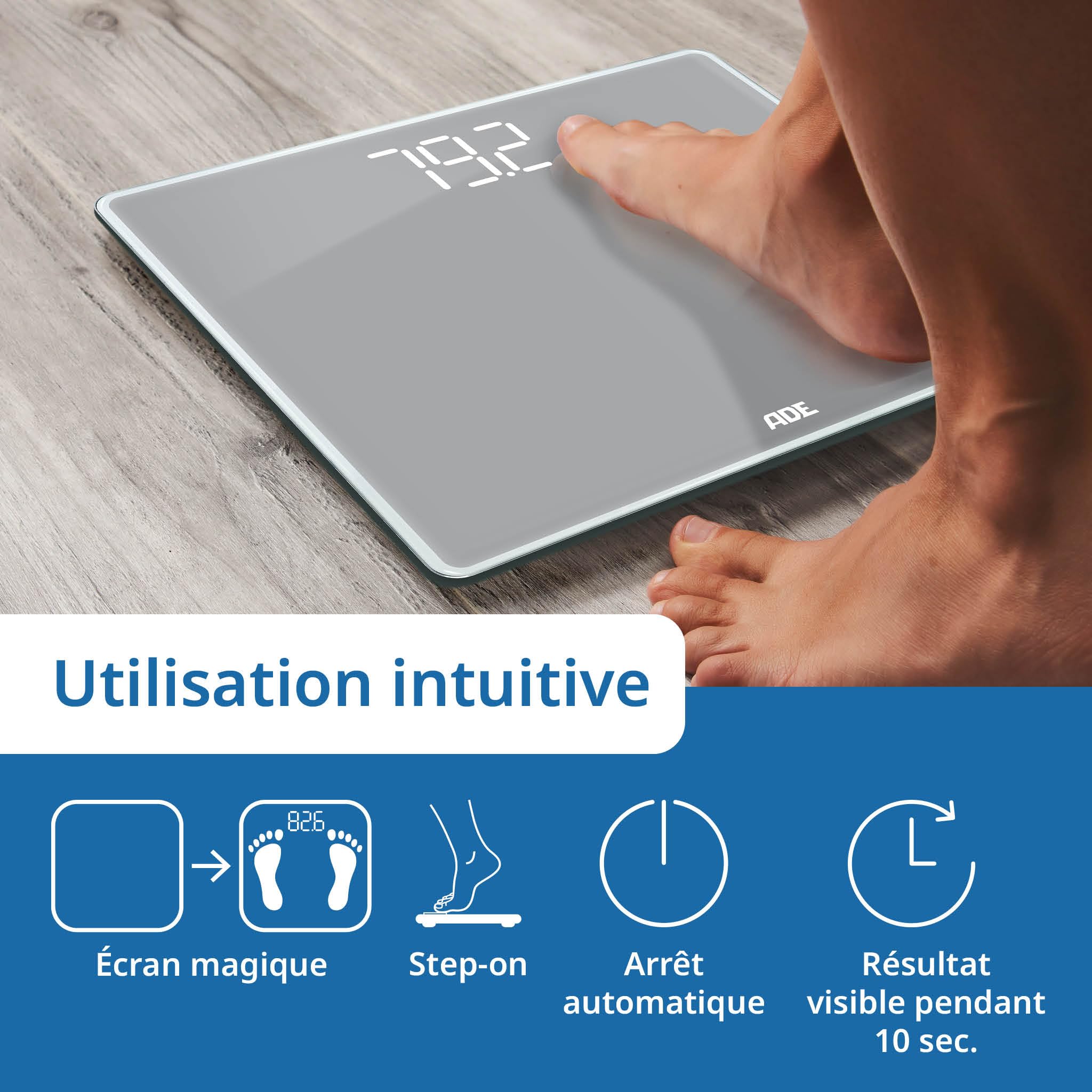 ADE Balance pese personne numérique avec grande capacité de charge jusqu'à 220 kg | pèse-personne fiable et précis avec chiffres lumineux XXL | grand écran | très grande surface de pesée | gris