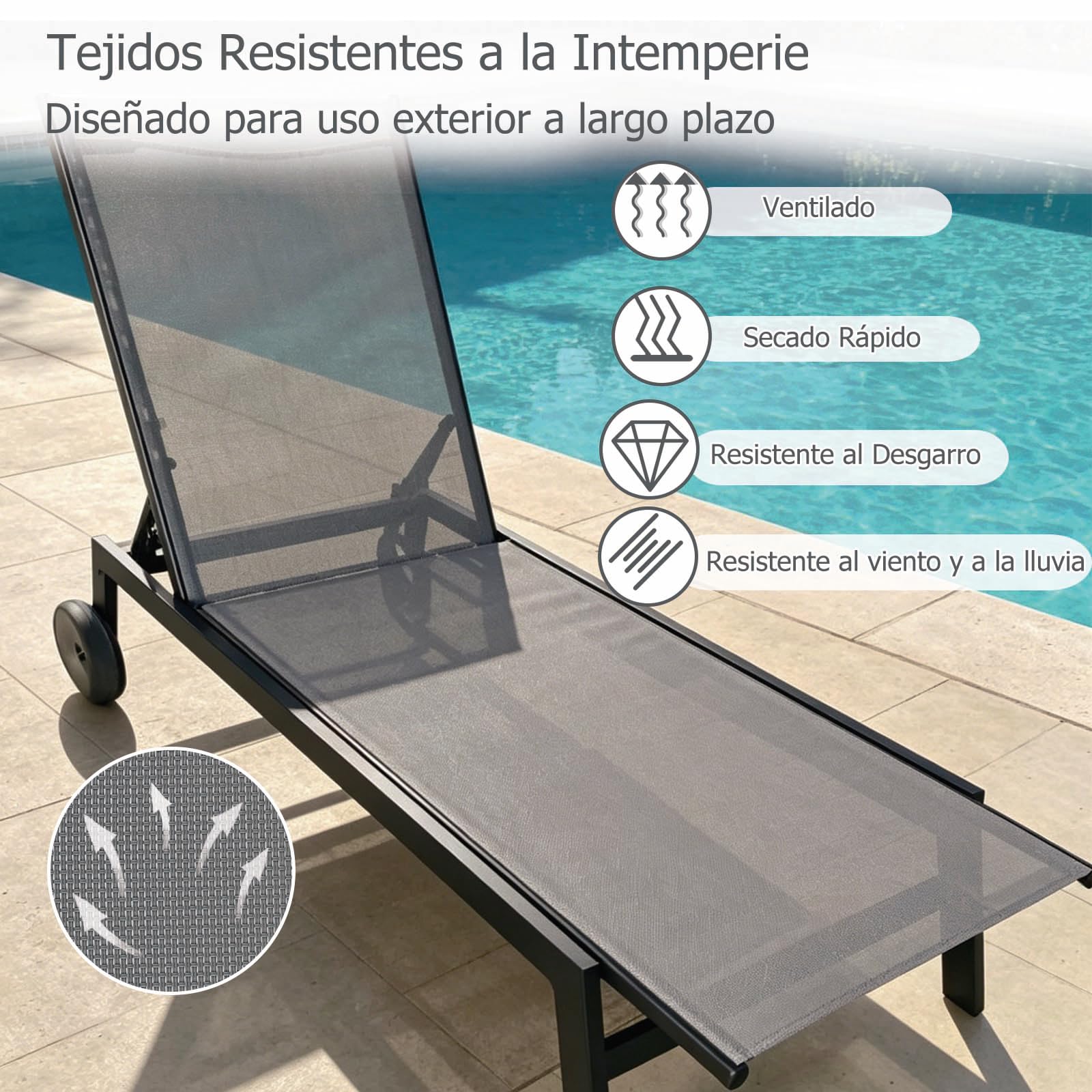 GOPLUS Tumbona Jardin Exterior con Mesa Auxiliar de Cristal, Conjunto de Sillas Exterior Apliables Reclinables en 6 Posiciones y 2 Ruedas Incorporadas, Malla Transpirable, Carga 150kg (Gris + Negro)