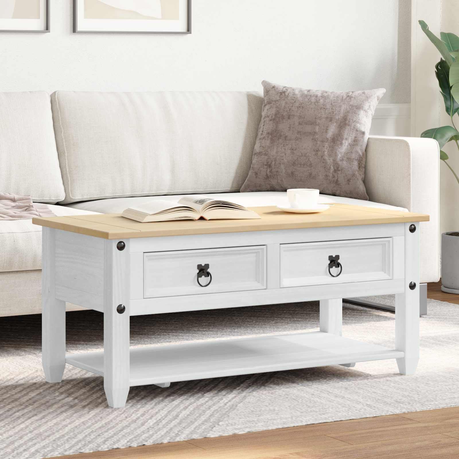 Stolik kawowy biały z litego drewna sosnowego, 100 x 48 x 45 cm, z miejscem do przechowywania, regałem i półką, stabilny stolik pomocniczy do salonu, salonu, przedpokoju i recepcji