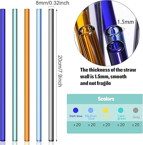Miniatura 2 de Weysat 100 popotes de vidrio reutilizables a granel, pajitas de vidrio para batidos, té, jugo, cóctel (color brillante, 0.315 x 7.874 in)