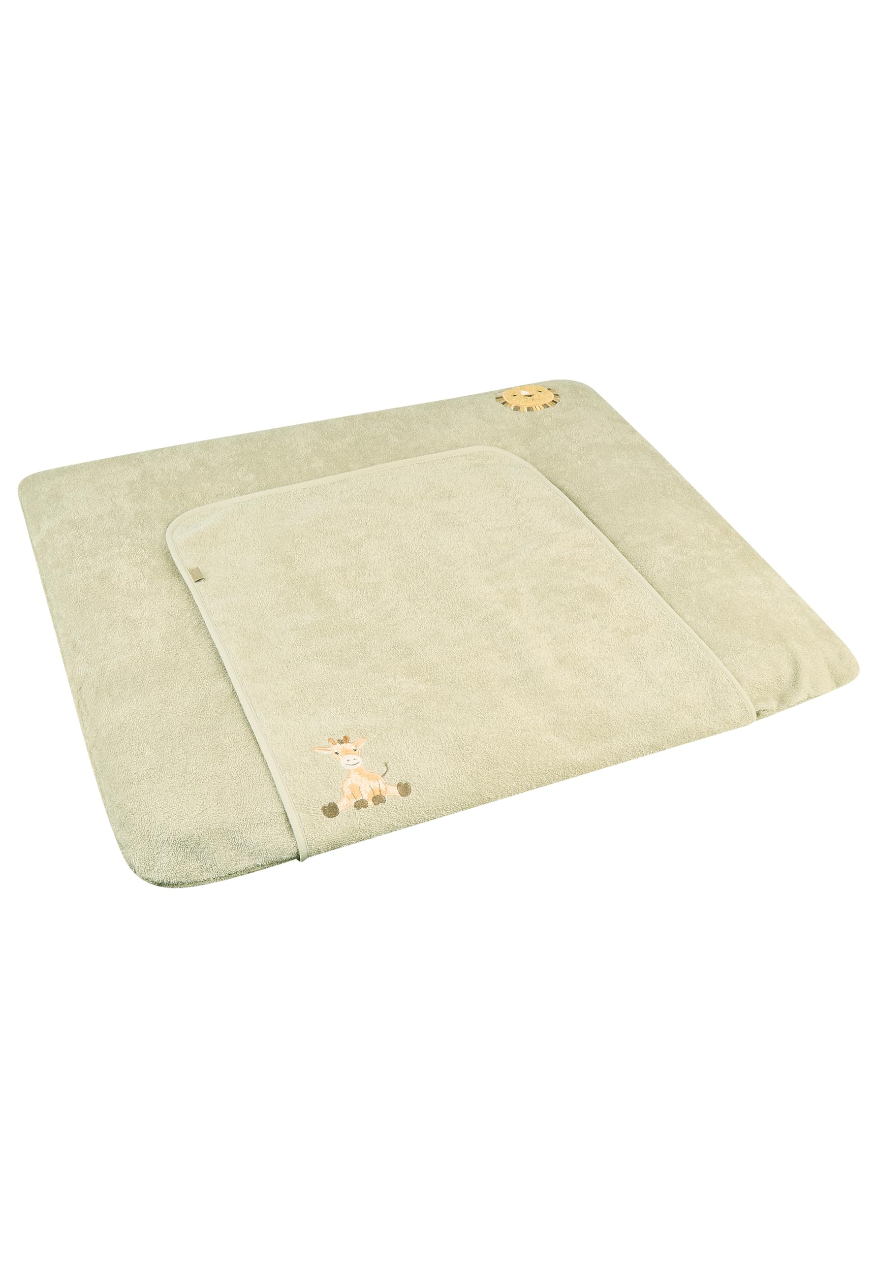 Sterntaler Wickelauflagenbezug Giraffe & Löwe 80x90cm – Saugfähige Baumwolle mit abtrennbarem, wasserundurchlässigem Frottee-Teil – süße Stickereien – Wickelunterlage für Unterwegs, steingrau