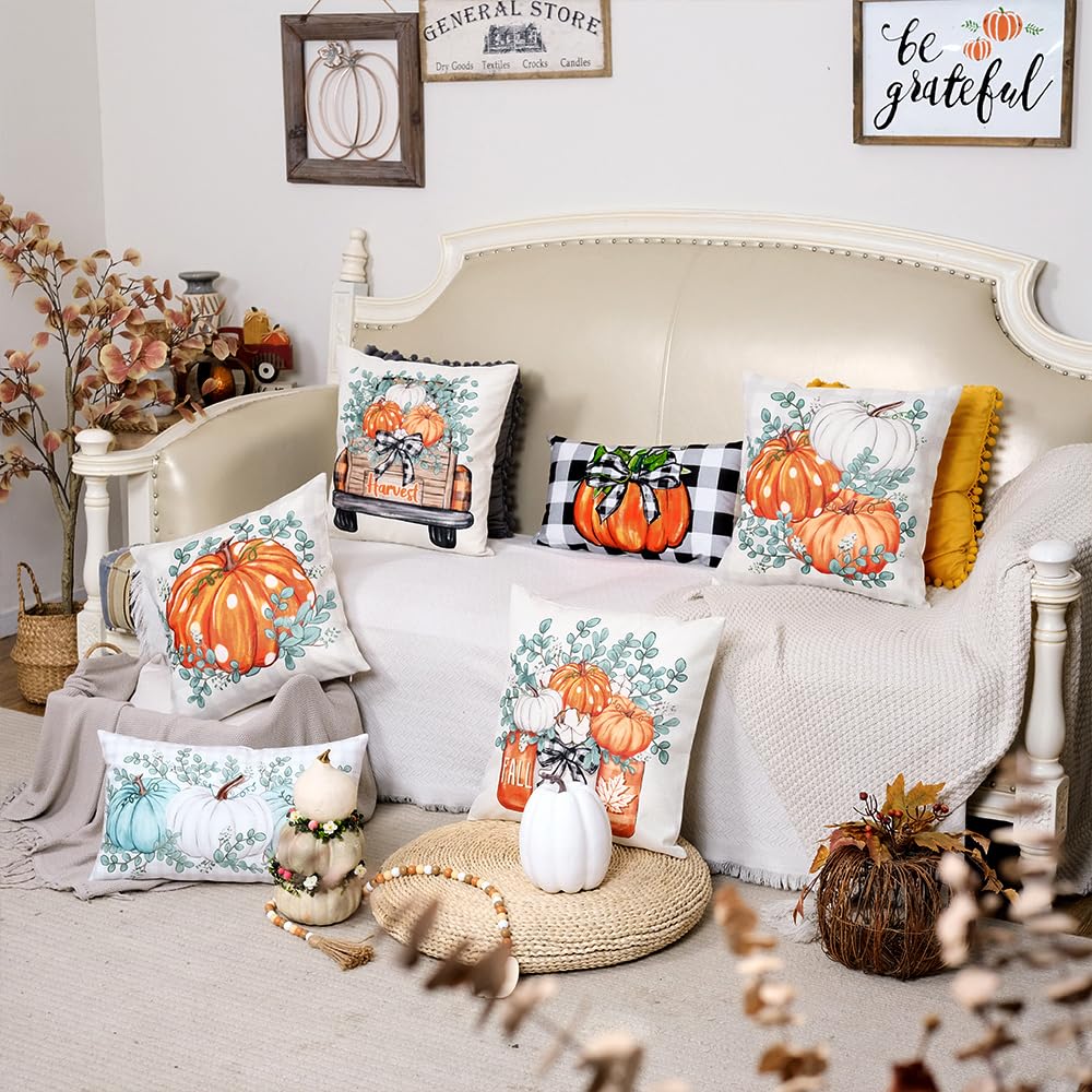 GEEORY Fall Pumpkins Throw Pillow Covers 18x18 Inch Set of 4, Eucalyptus Truck Mason Jars Autumn Decorative Seasonal Farmhouse Decoration for Home (Orange) G545-18