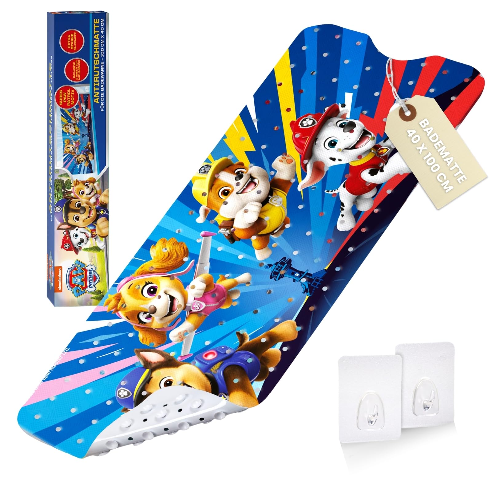 PAW Patrol rutschfeste Badematte für Kinder - Anti Schimmel Badewanneneinlage Fans, antibakteriell, mit Saugnäpfen, Aufhängern und Ablauflöchern, 100x40cm
