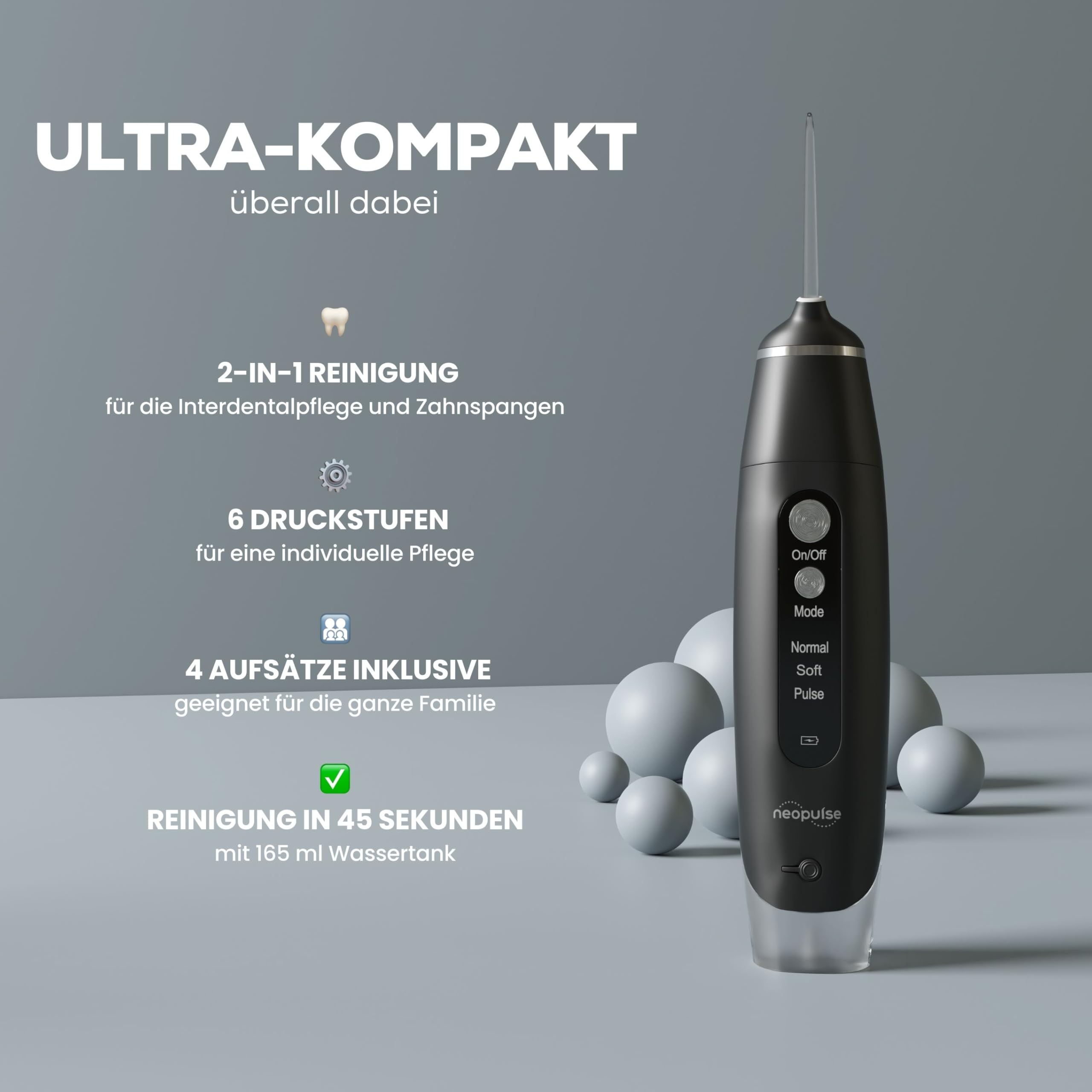 NEOPULSE MY FIRST® Munddusche – kabelloser elektrischer Wasserflosser – Zahnzwischenraumreiniger mit 3 Modi – USB wiederaufladbar – für Zahnzwischenräume, Zahnspangen & Implantate – Schwarz | 3 Modi – 4 Aufsätze – ideal für Anfänger & empfindliches Zahnfl