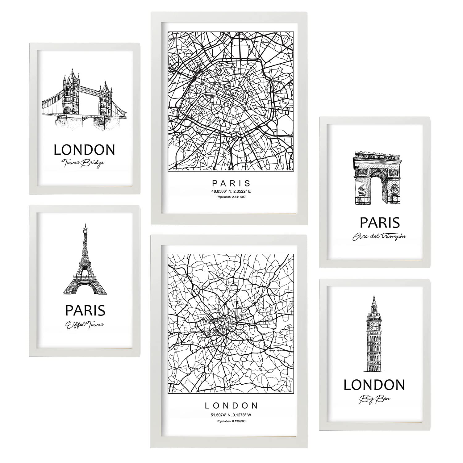 Nacnic Set of 6 posters London and Paris. Collection of posters in collage aesthetic for interior decoration. Sizes A3 and A4. White frames.