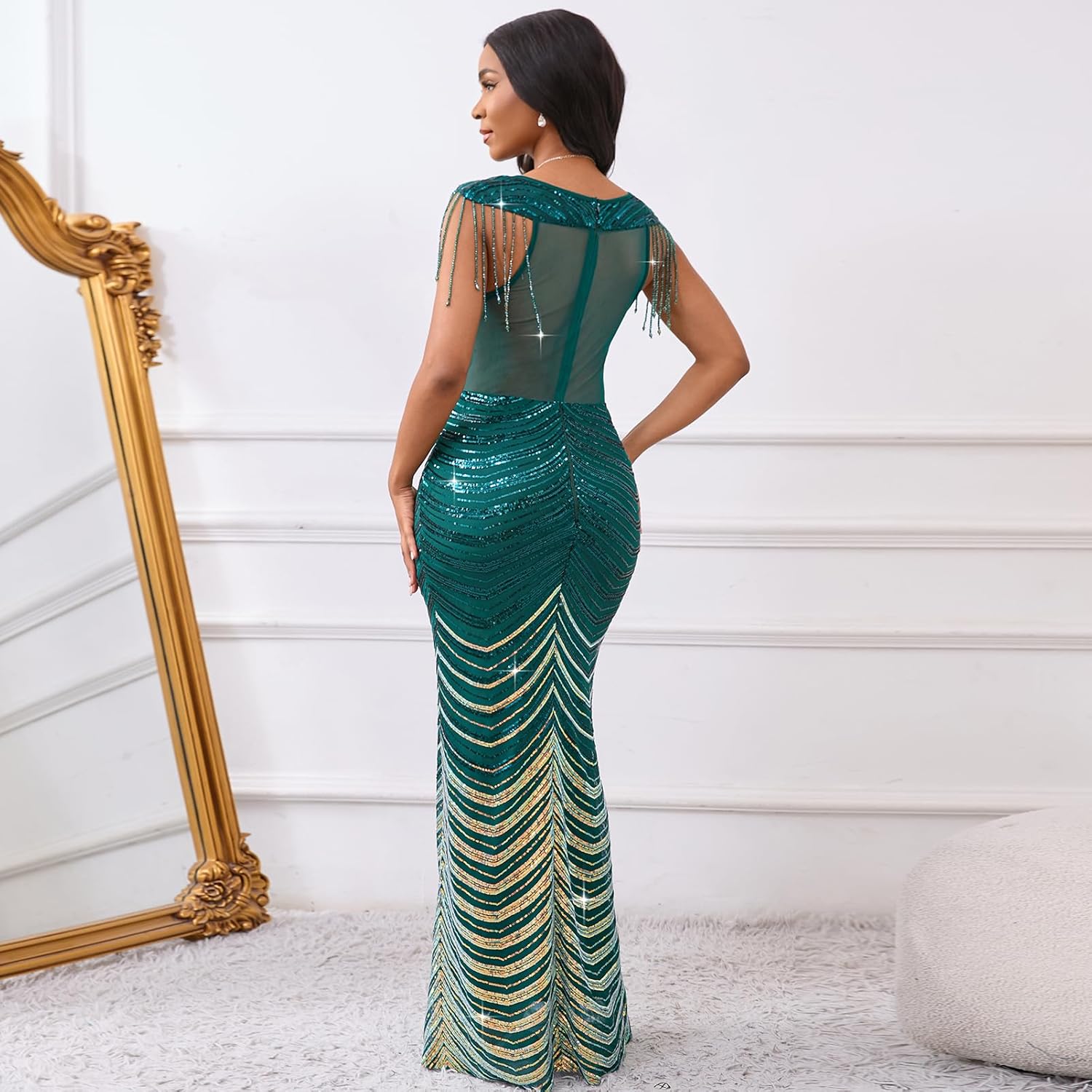 Cololura Women Sexy Sequin Tassel Mesh Perspective Gold Threads Patchwork Bodycon Party Cocktail Evening Gown Dress - Image 5