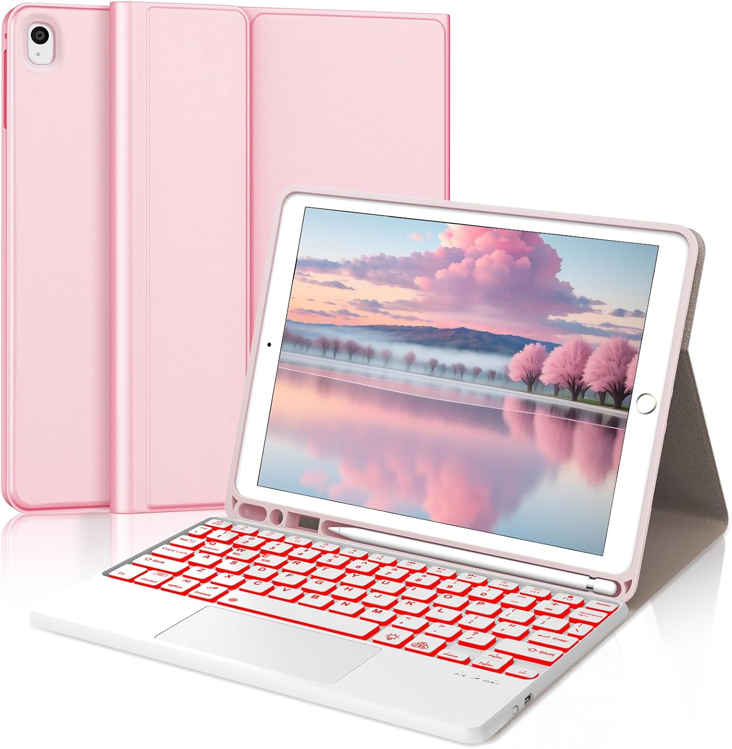 WINCHKING Touchpad Keyboard Case for iPad 9th Generation 10.2 inch 2021,7-Color Backlit,Detachable Wireless Keyboard Folio Case for 8th/7th Gen (2020/2019),Air 3rd,Pro 10.5" with Pencil Holder,Pink