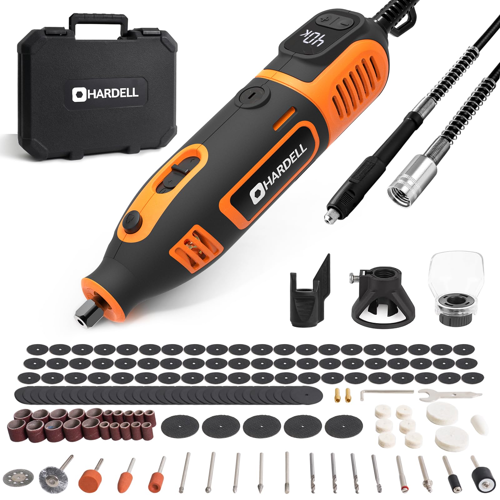 HARDELL 200W Herramienta Rotativa, Velocidad Variable con Eje Flexible, 155 Accesorios, Pantalla Digital 8000-40000 RPM – Perfecta para Lijar, Cortar, Pulir, Perforar, Tallar y Bricolaje