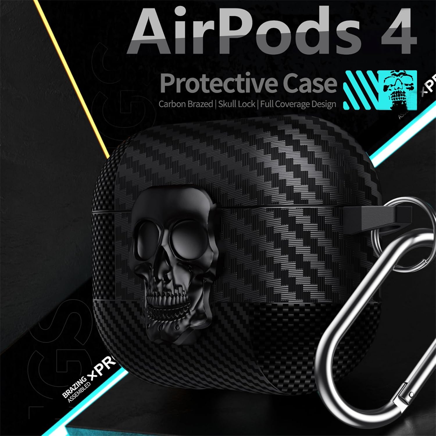 CCSmall for AirPods 4th Generation Case Carabiner Keychain Skull Black
