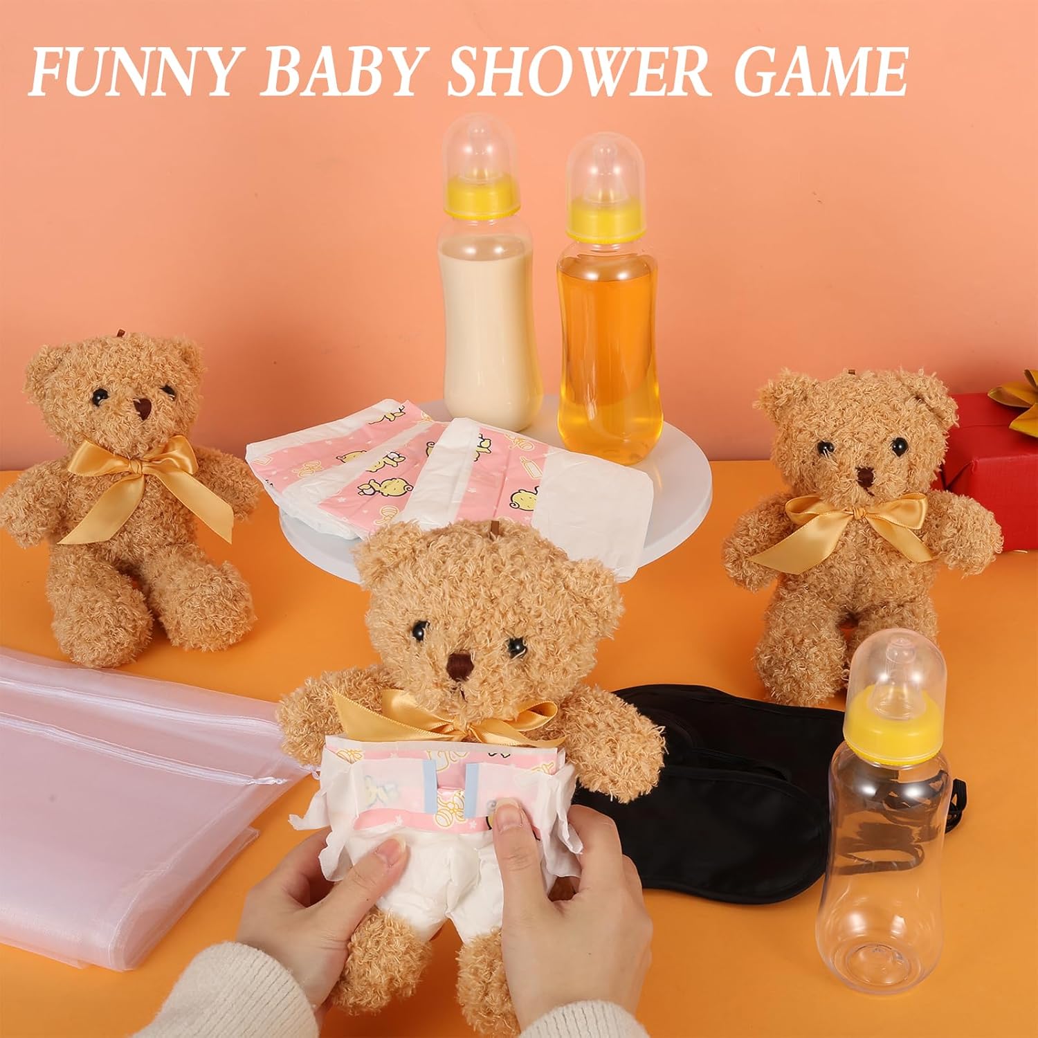 30 Pcs Bottle Chug Baby Shower Games, Brown Bear, Blindfolded Diaper Changing Games Kits, Bottles Diapers Blindfold Eye Masks Bear for Adult Gender Reveal Raffle Party