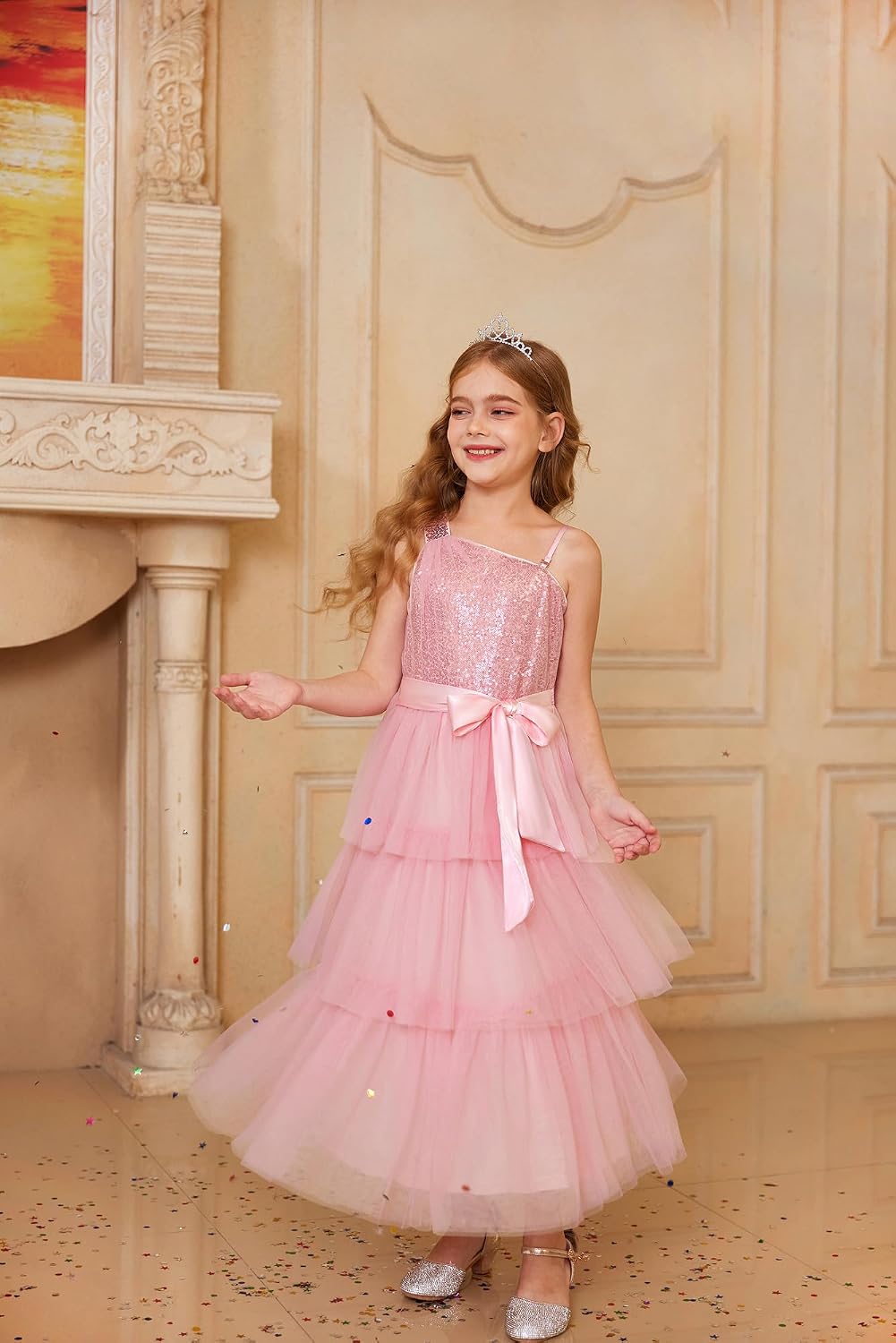 GRACE KARIN Girls Sequin Tulle Dress One Shoulder Formal Party Holiday Maxi Dress for Girl 6-14Y