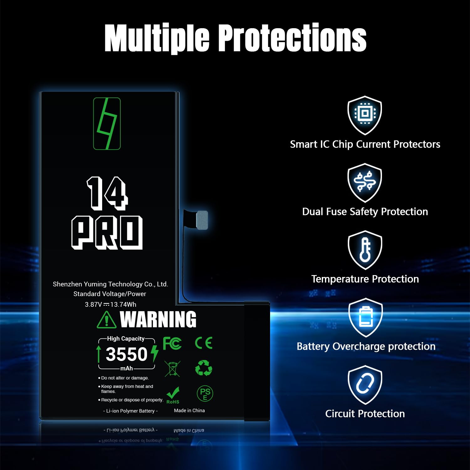 Akku für iPhone 14 Pro, 3550mAh Hohe Kapazität, 0 Zyklen, Komplettes Reparaturset, Kompatibel mit A2650/A2889/A2890/A2891/A2892, Zertifiziert CE/RoHS/FCC/PSE
