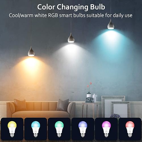Miniatura 5 de Peteme Bombillas inteligentes WiFi, bombillas LED RGB que cambian de color compatibles con Alexa, Siri, Echo, Google Home, A19 E26 60W bombillas