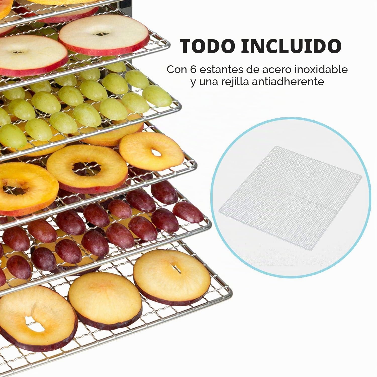 Klarstein Flavour Dry Deshidratadora de alimentos - Carcasa de acero inoxidable, 6 baldas, Temperatura 35-70 °C, Pantalla táctil LCD, 360° Airflow Circulation, Termostato digital, Frontal negro