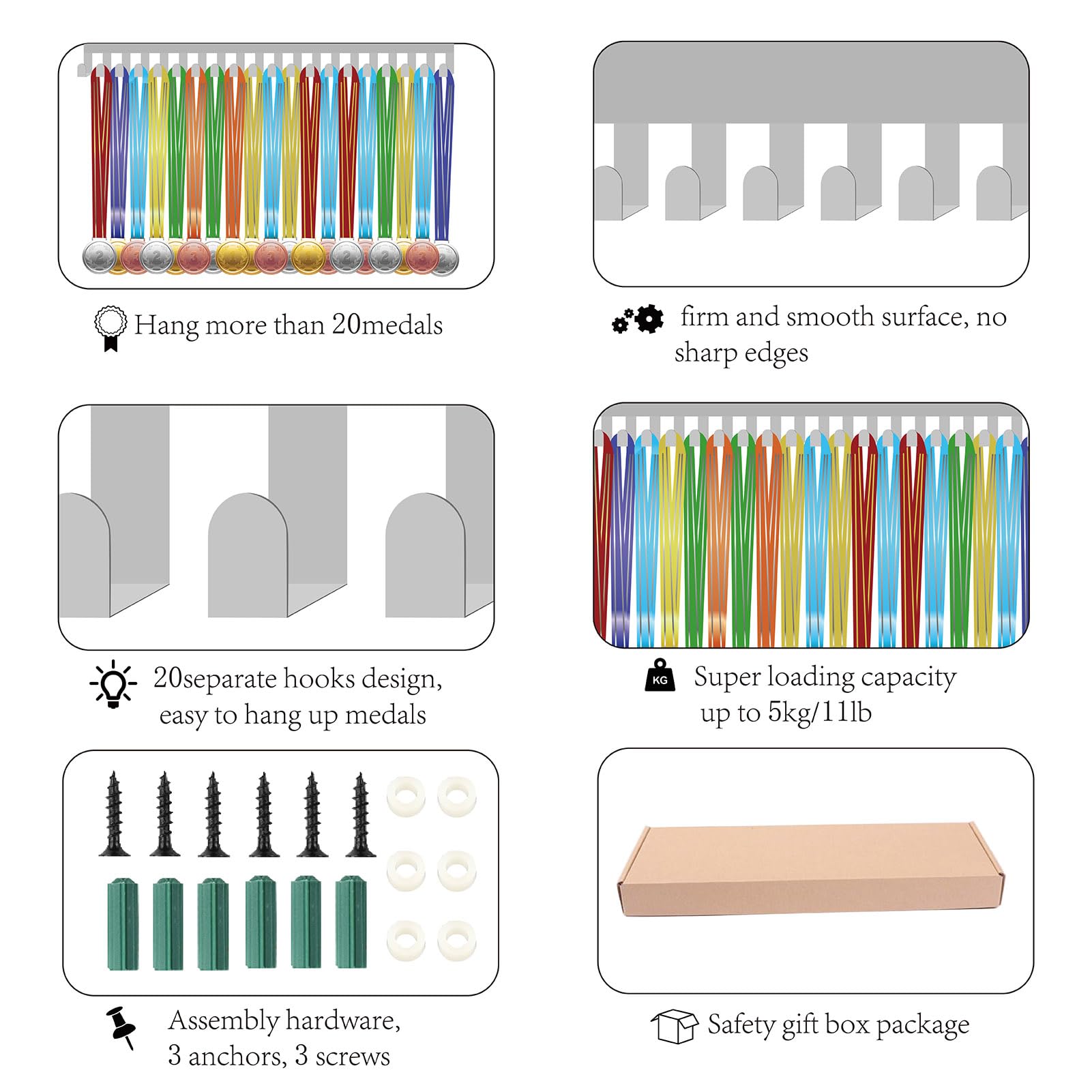 CREATCABIN Porte-Médailles Gymnastique,Présentoir Médailles Danse,Support Sport Métal Suspendre,Décoration Fer Avec 20 Crochet Pour Mur,Maison,Badge,Course,Course Pied,Gymnastique,Noir 40x15cm