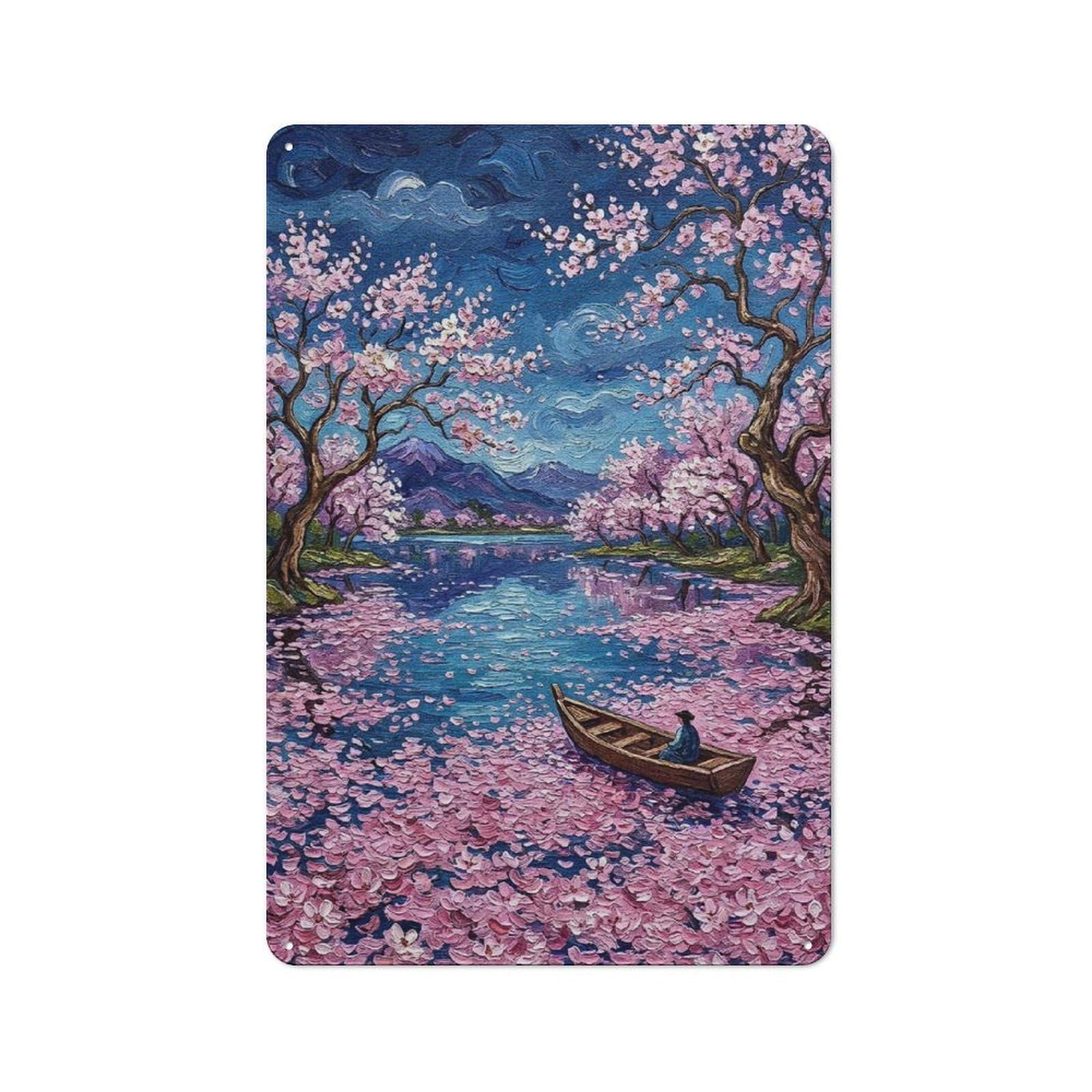 Cherry Blossoms And Boat Painting Warehouse Style Metal Wall Decor 30x20cm, Metal Wall Sign for Workspace, Cafe, Hallway Or Garage
