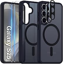 Magnetic Case for Samsung Galaxy S25 with 2 Screen Protector and 2 Lens Protector, Compatible with Mag Safe Translucent Matte Anti-Fingerprint Anti-Scratch Shockproof Cover, Black