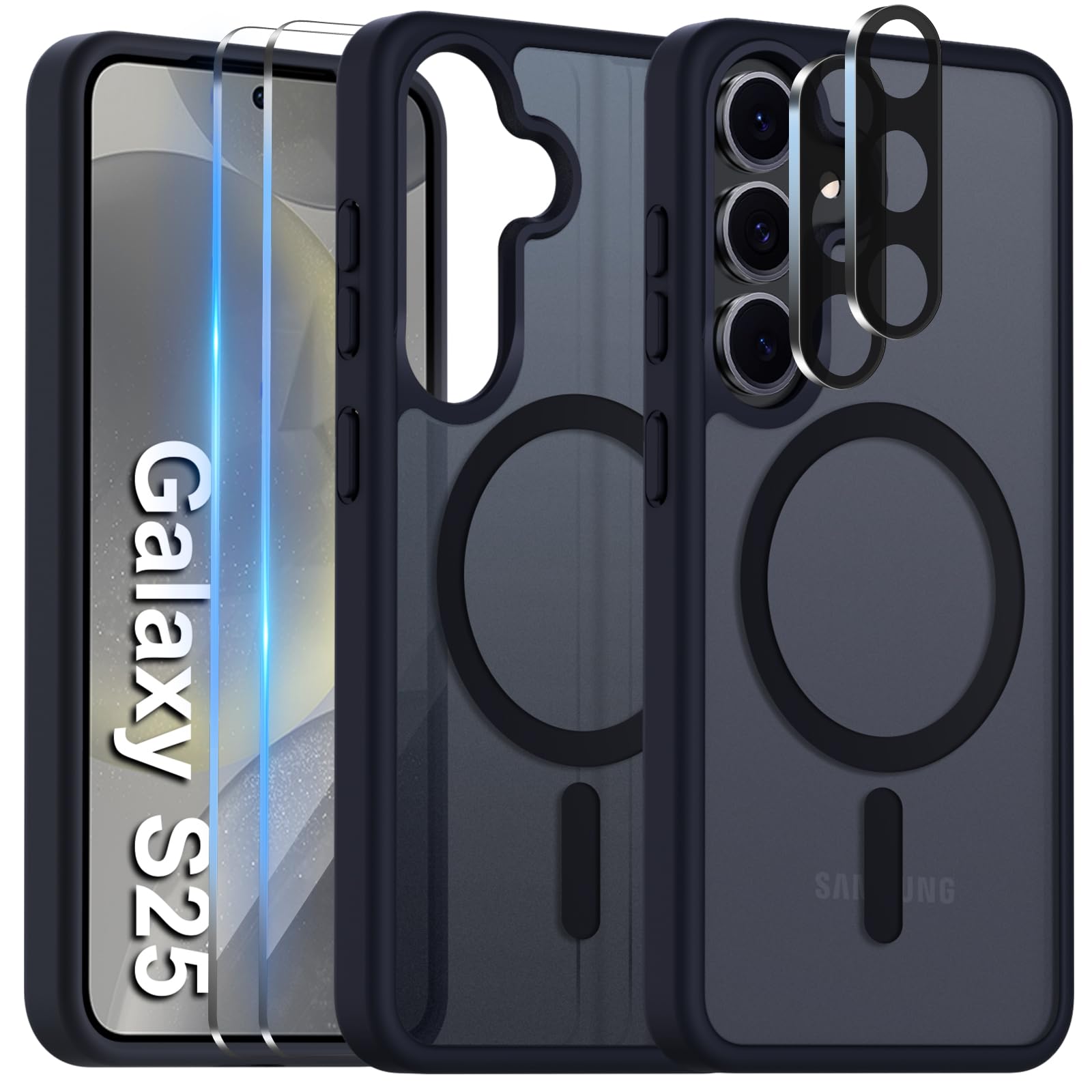 COPIKE Cover Magnetica per Samsung Galaxy S25 con 2 Pezzi Vetro Temperato e 2 Lente Fotocamera Protezione, Custodia Sottile Antiurto Posteriore Glassata Traslucida Anti-Impronte, Opaca Nero