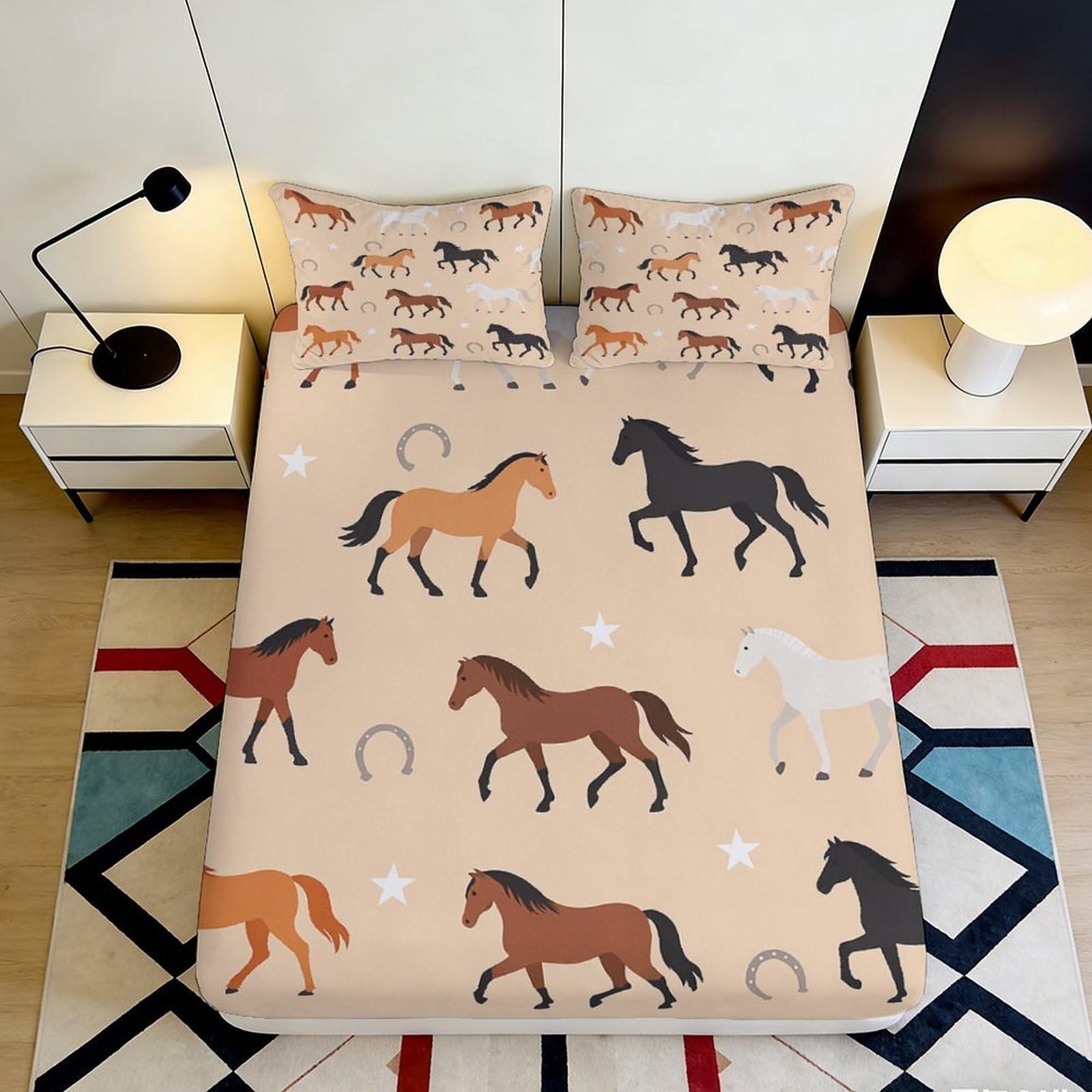 3D Printed Horse Pattern Fitted Sheet Microfiber Soft Brown Beige Equestrian Bed Cover for Bedroom Dorm Mattress Decor 200x200x25cm