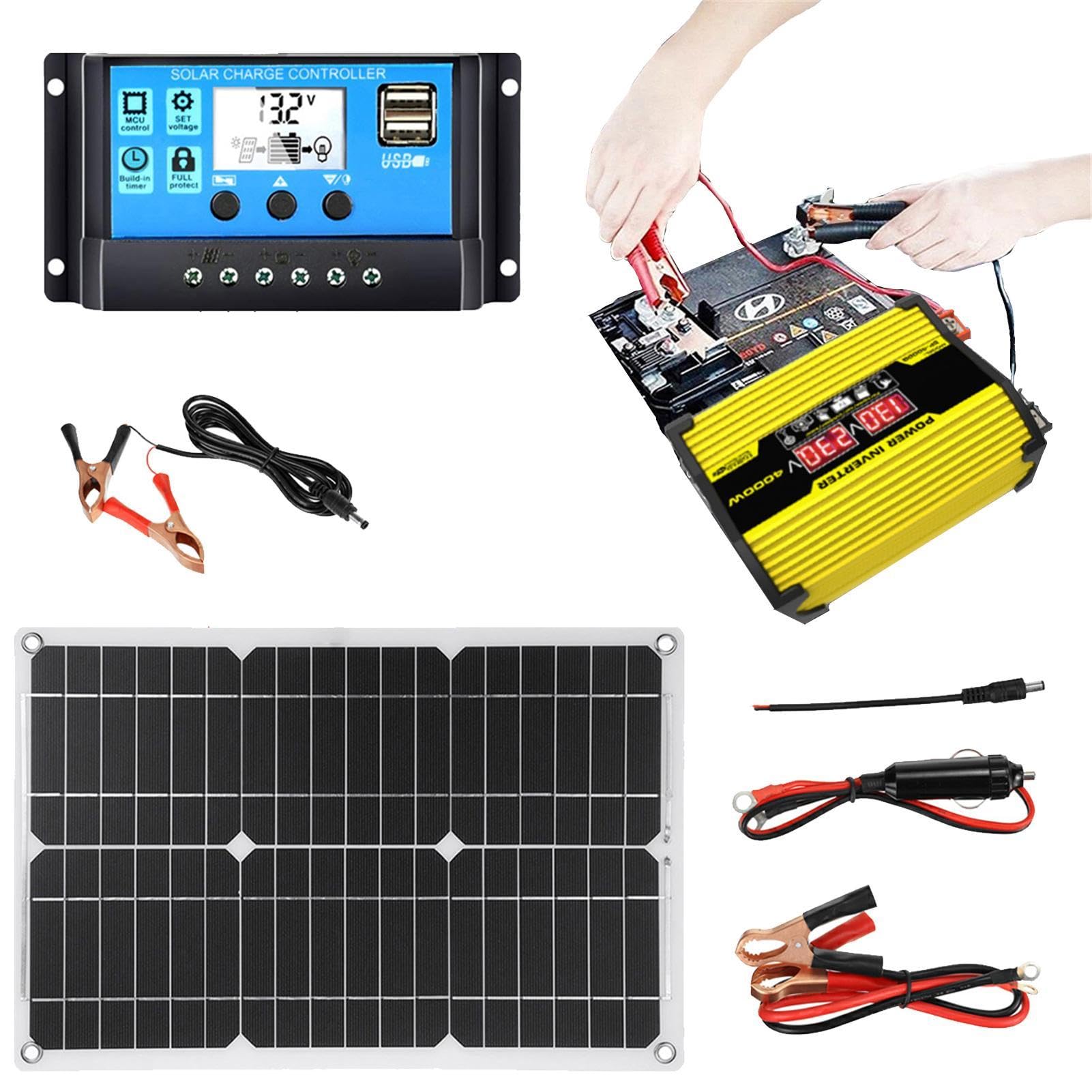 Solaranlage | 30A-Regler mit 2 USB-Anschlüssen und LED-Display | Solarstrom-Komplettset | 12V 18W Solarpanel und 300W-Wandler-System-Kit | DC 12V zu AC 110V/220V Solarstrom-Wandler