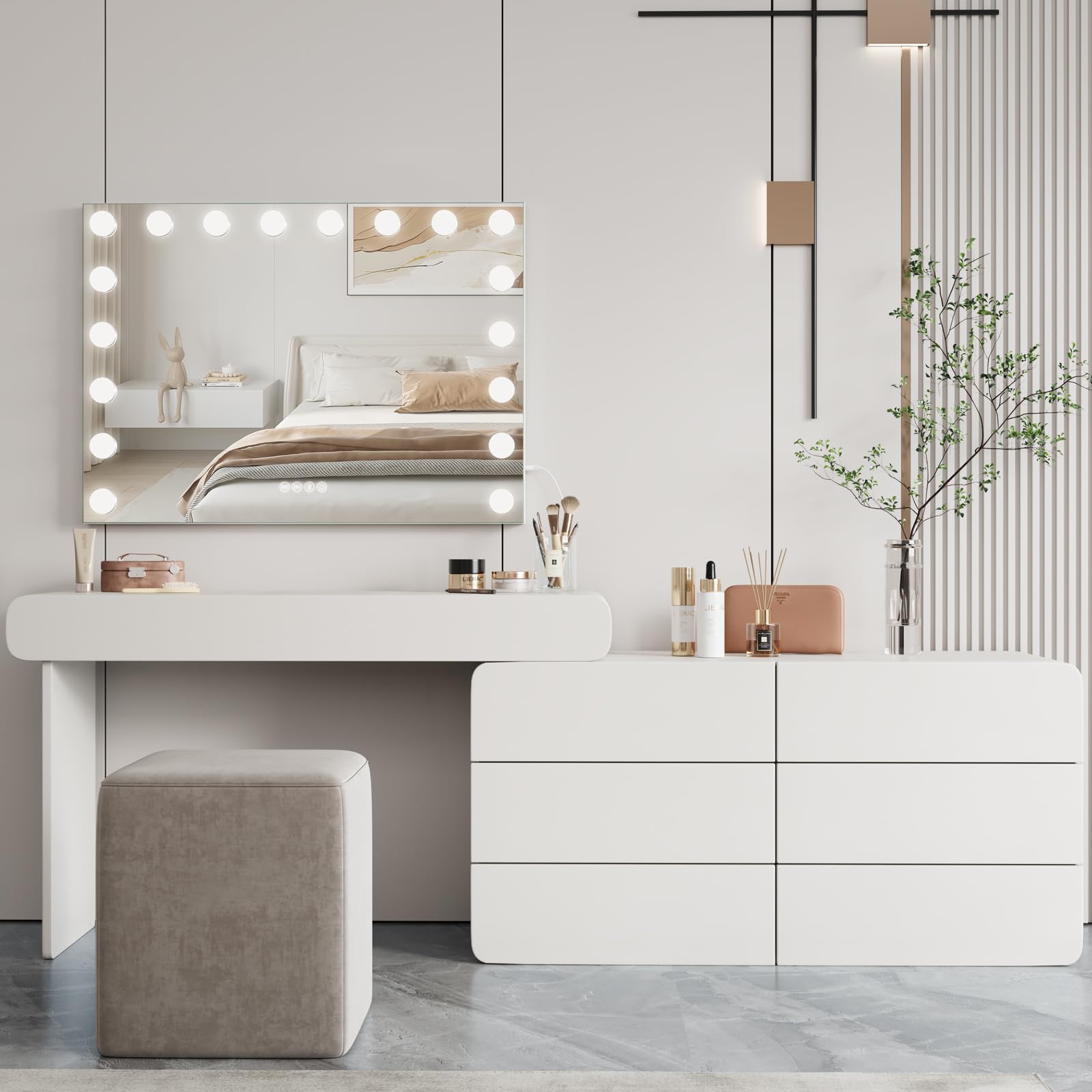 Dripex Miroir Maquillage Hollywood Bluetooth, 18 Ampoules LED 80 x 60 cm, Miroir Coiffeuse Lumineux Contrôle Tactile, Luminosité Réglable, sur Table & sur Mur, Port USB et Type-C - Blanc
