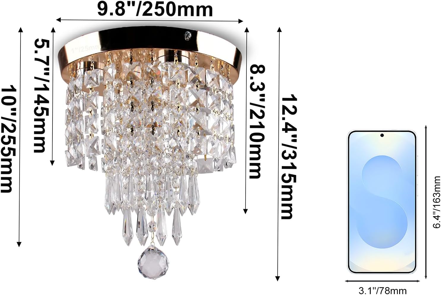 Flush Mount Crystal Chandelier 9.8" – Modern Gold Ceiling Light with LED 3-Color K9 Raindrop Crystals for Bedroom, Dining Room, Entryway, Hallway