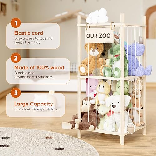 Miniatura 3 de Almacenamiento de animales de peluche, organizador de animales de peluche de madera de 2 capas, contenedor de almacenamiento con banda elástica y