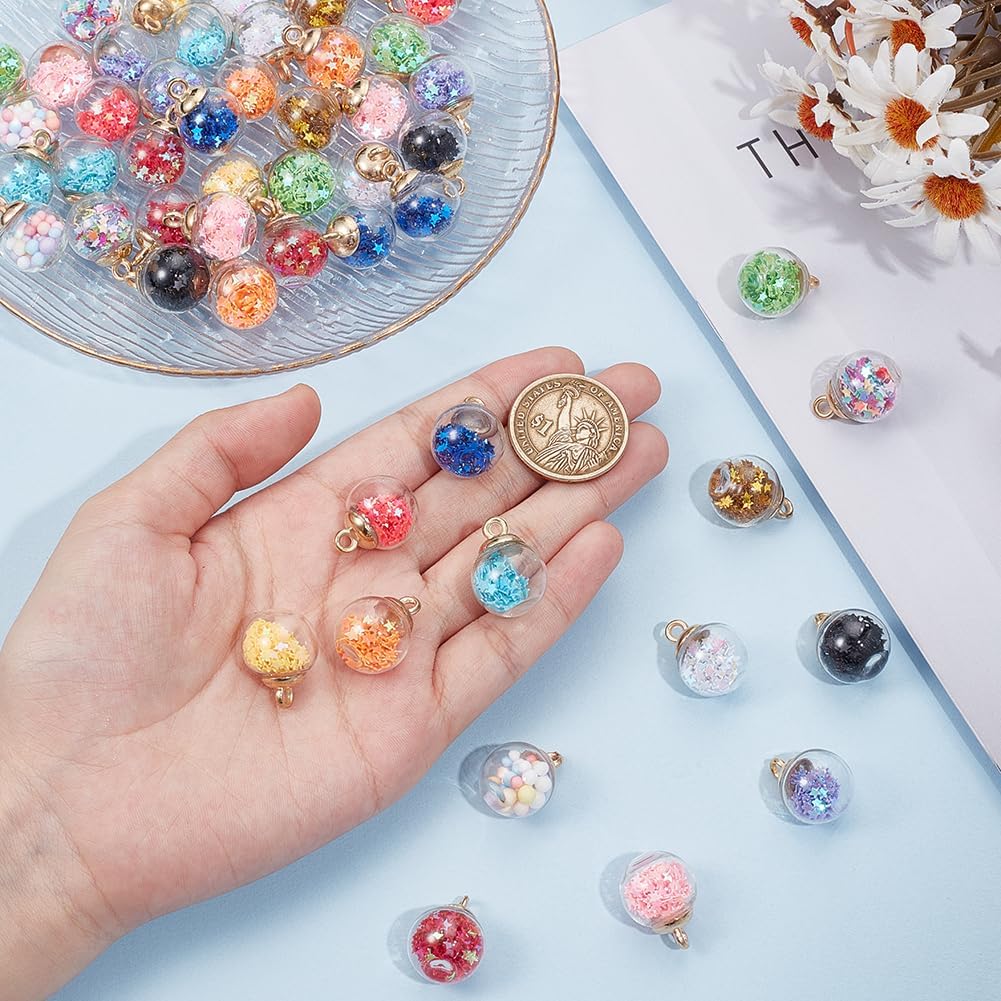 UNICRAFTALE 56Pcs 14 Colors Glass Ball Charms 16mm Glass Round Charms with Plastic Finding And Foam Glitter Colorful Crystal Glass Globe Charms with Golden Connector Ring for Jewelry Making - Image 4