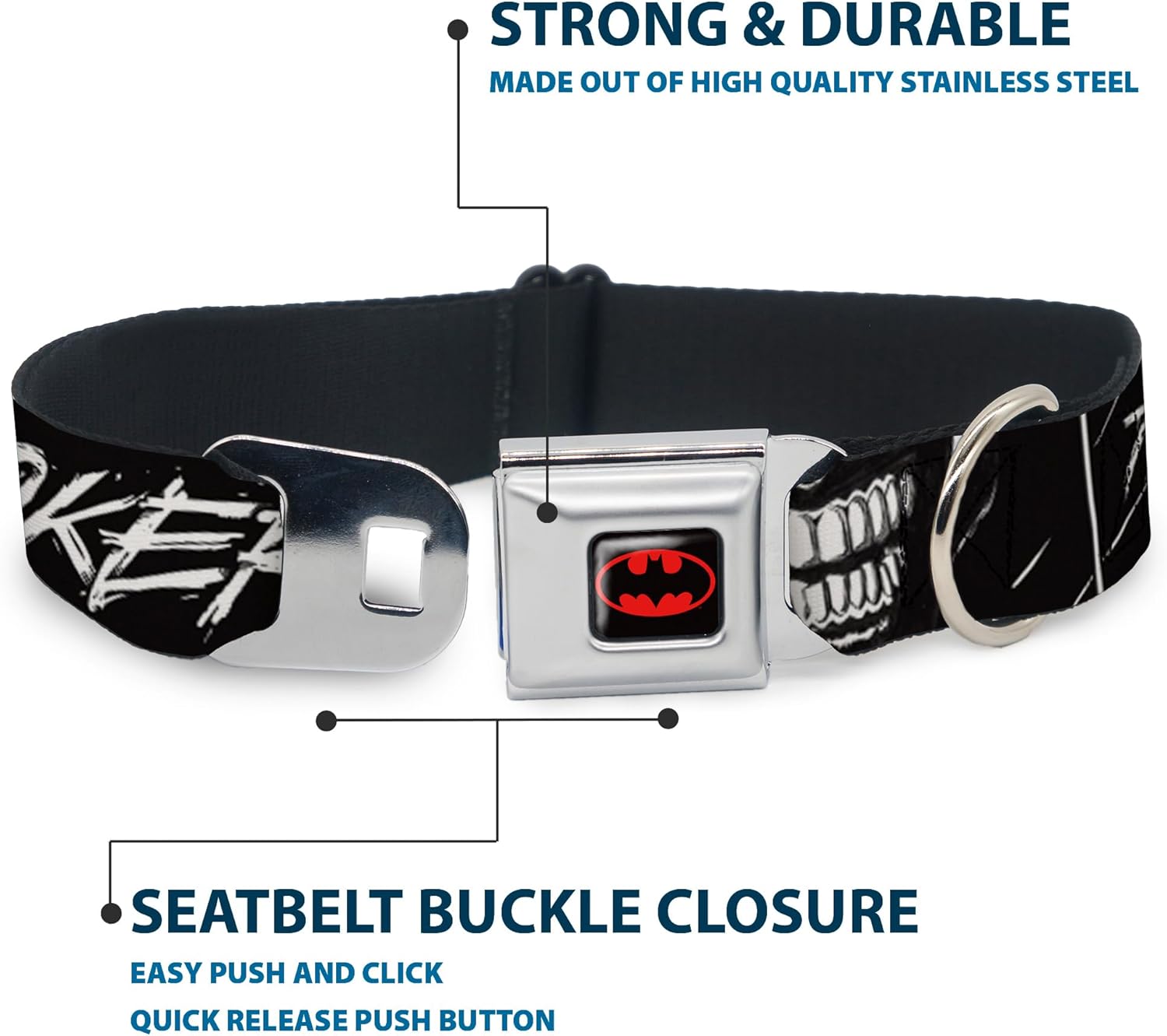 DC Comics Pet Collar, Dog Collar Metal Seatbelt Buckle, The Joker Smiling Eyes Sketch Close Up Black White, 13 to 17 Inches 1.5 Inch Wide