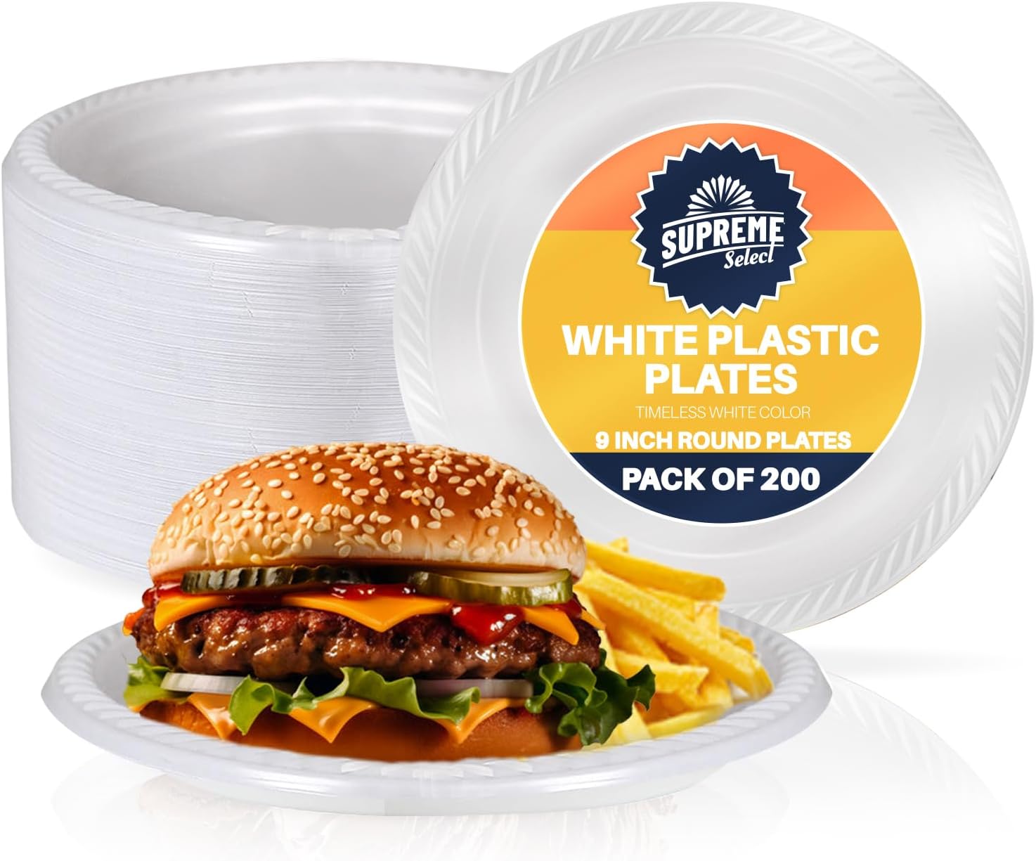 White Disposable Plastic Plates [Set of 200 | 9-inch Plates] Elegant Party Dinner Plates- Microwave Safe Plastic Dish Set- Sturdy Rimmed For Weddings, Parties, Kitchen Use